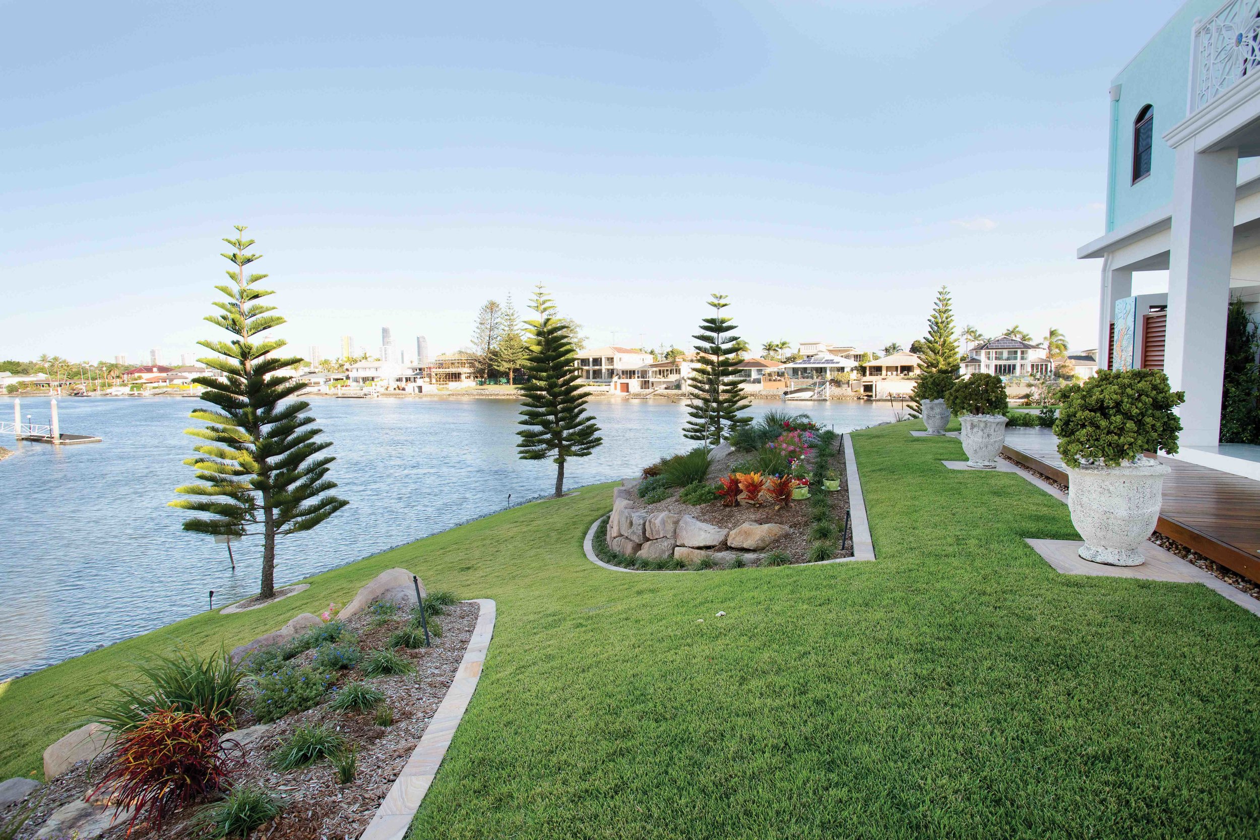 The Nerang River wraps around three sides of this magnificent home. View looking South.