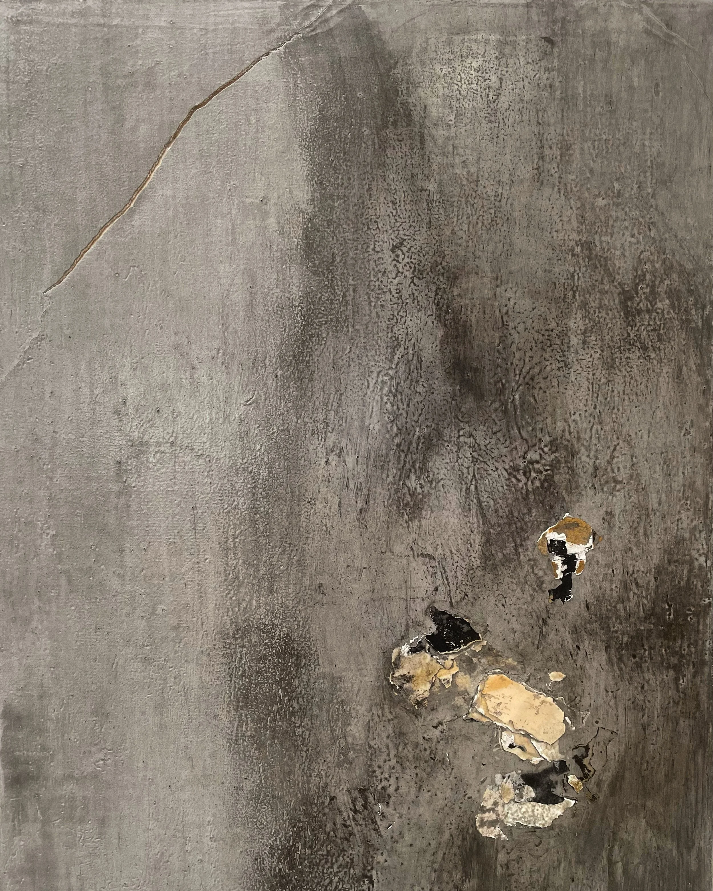 Untitled, 2023, gesso, plaster, paper, wax on wood panel