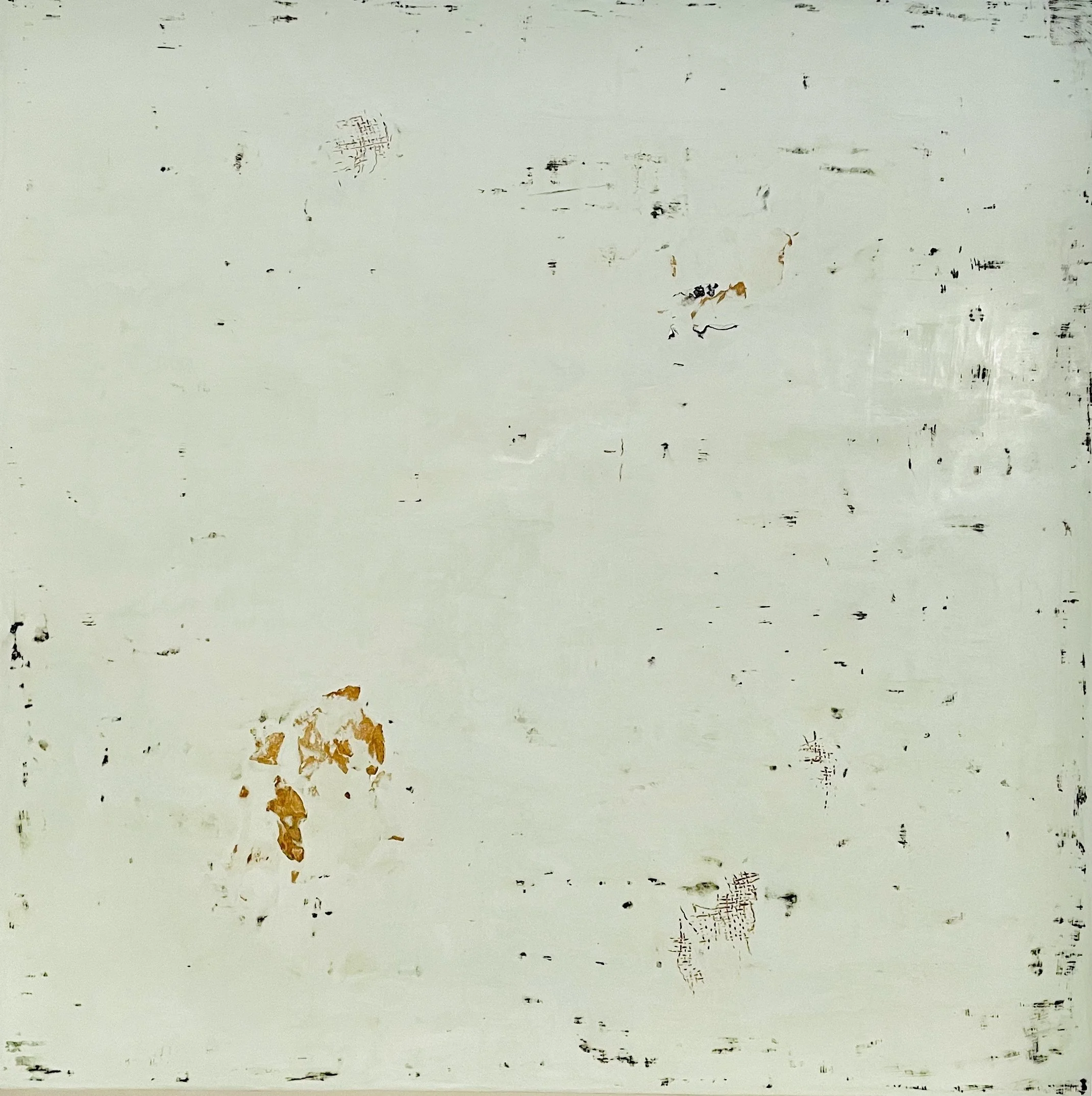 Untitled, 2024 Plaster, gesso, found paper, pigment, wax, canvas over panel 30” x 30”