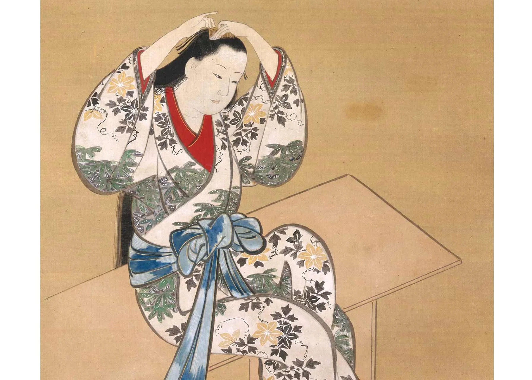 Detail of Courtesan Sitting on a Bench, Painting by Miyagawa Choshun, Museum of Fine Arts, Boston