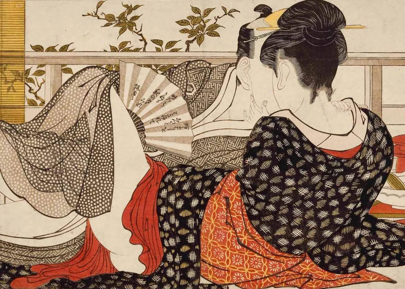 Lovers in the Upstairs of a TeahouseWoman with a Fan, Woodblock Print by Kitagawa Utamaro