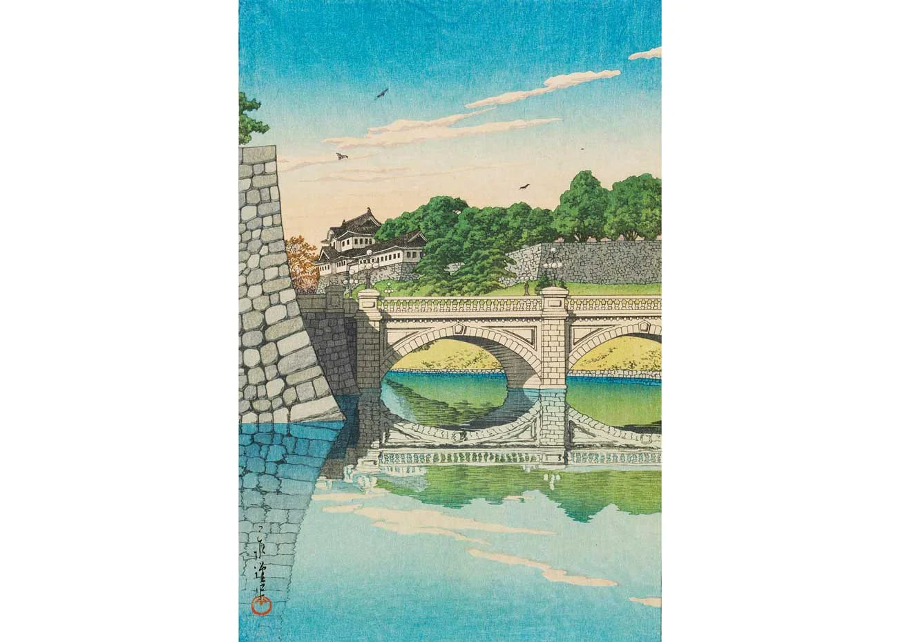 © Kawase Hasui, Nijo Bridge, 1930 Woodblock Print, from the Museum of Fine Arts, Boston .
