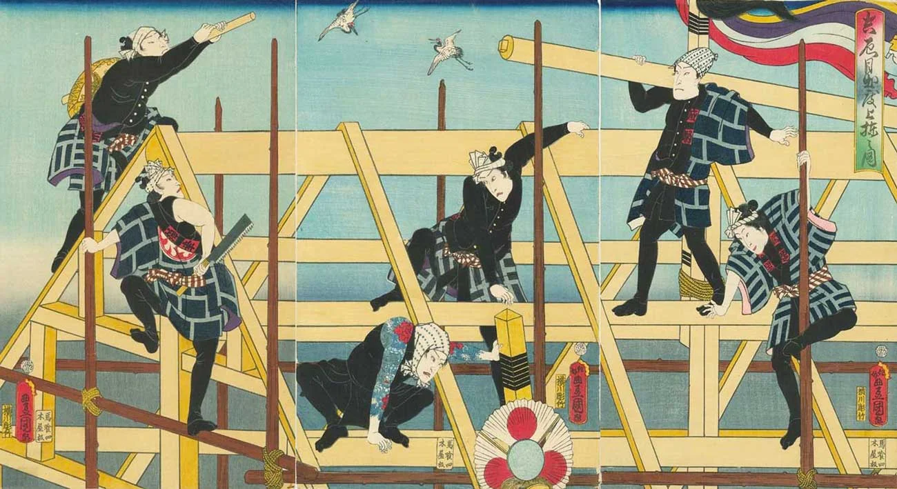 Actors Playing Construction Workers in Happi, Woodblock Print Triptych by Utagawa Kunisada, 1860