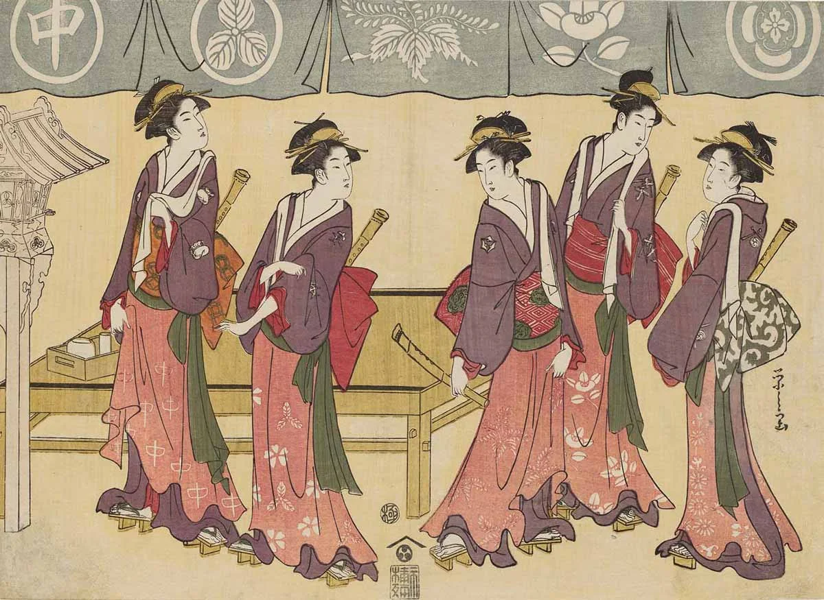 Five Teahouse Waitresses, Woodblock Print by Chobunsai Eishi, 1793
