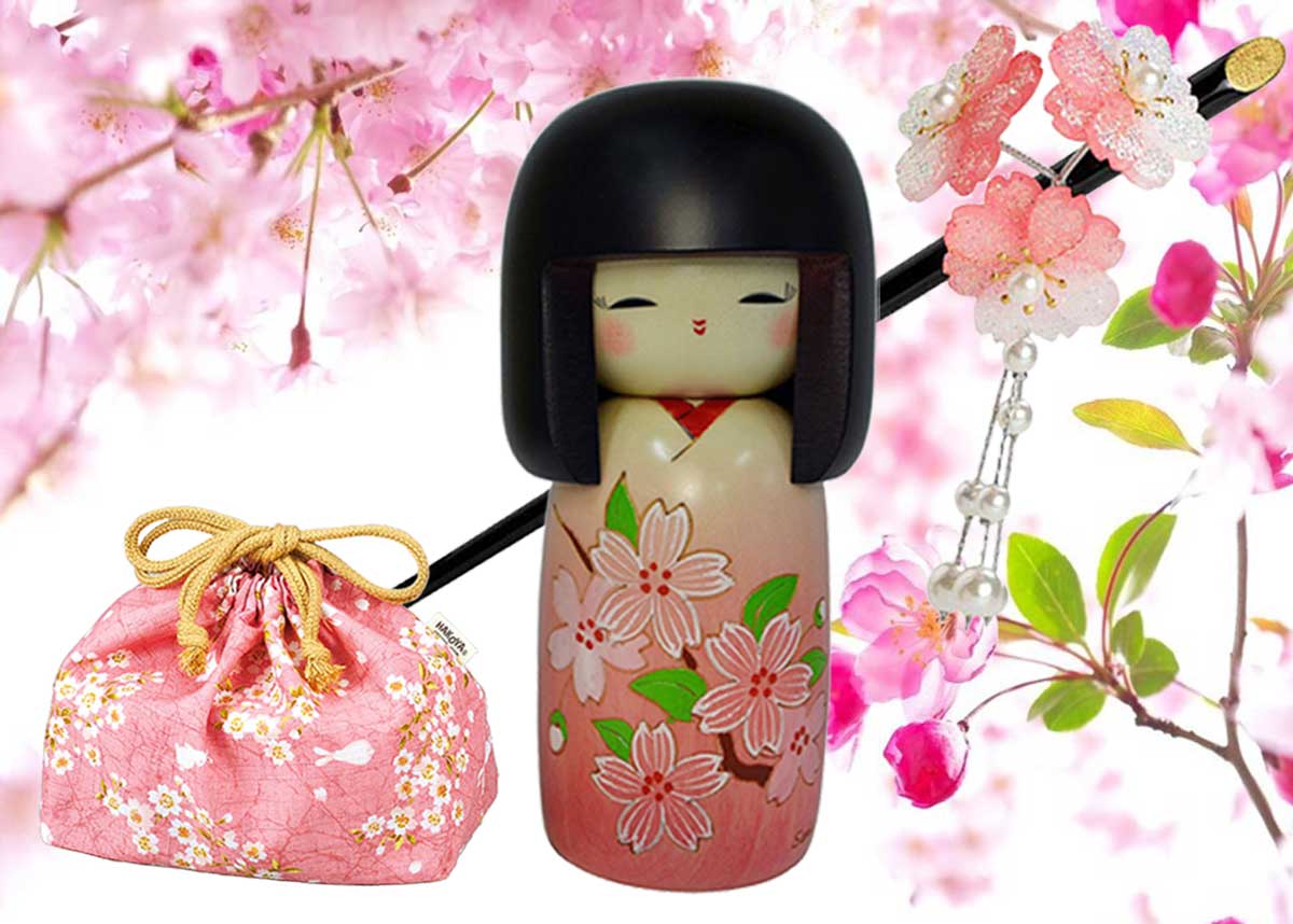 Kokeshi Doll Red Kimono with Cherry Blossoms