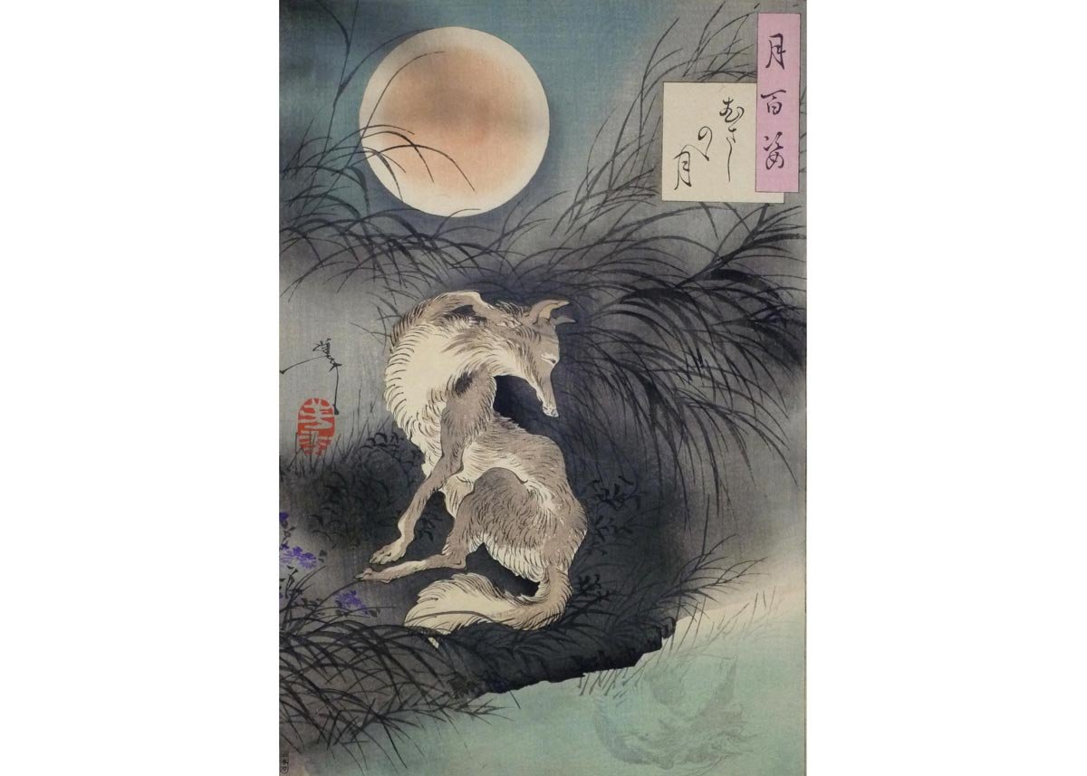 The illustration depicts a white fox, also known as a kitsune, who looks back as the moon shines behind him. The Kitsune is one of the most widely recognized symbols of Inari. 