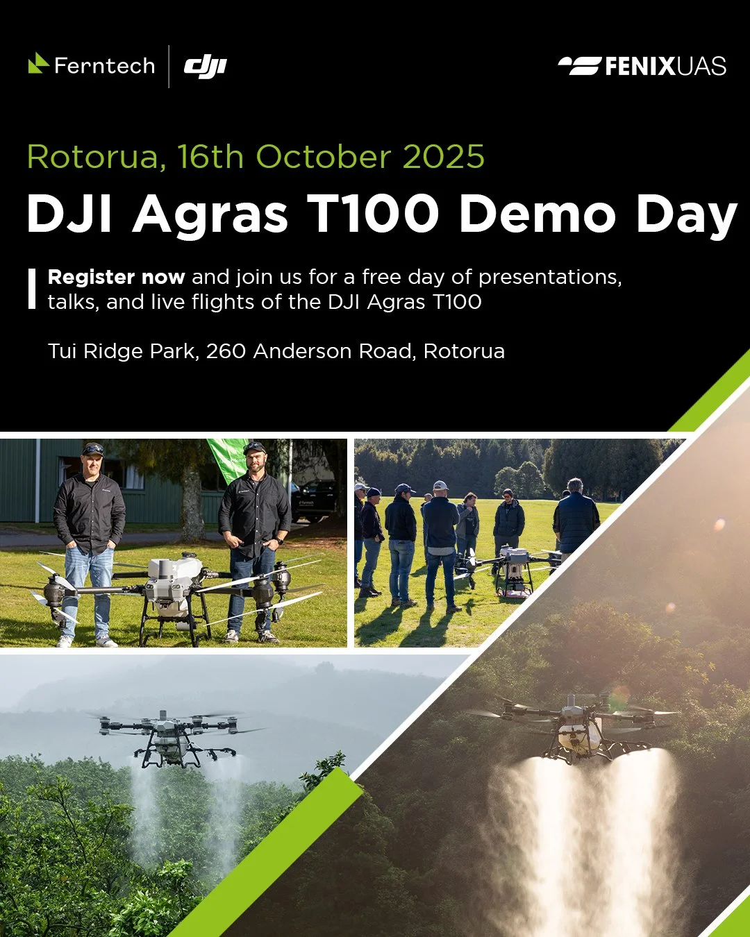 It&rsquo;s not just big, it&rsquo;s revolutionary. The DJI Agras T100 is coming to Rotorua. 👀

Join us at Tui Ridge next month for a FREE live demo and see the drone built to handle NZ's toughest conditions. We're talking next-level capacity:

🌱 15