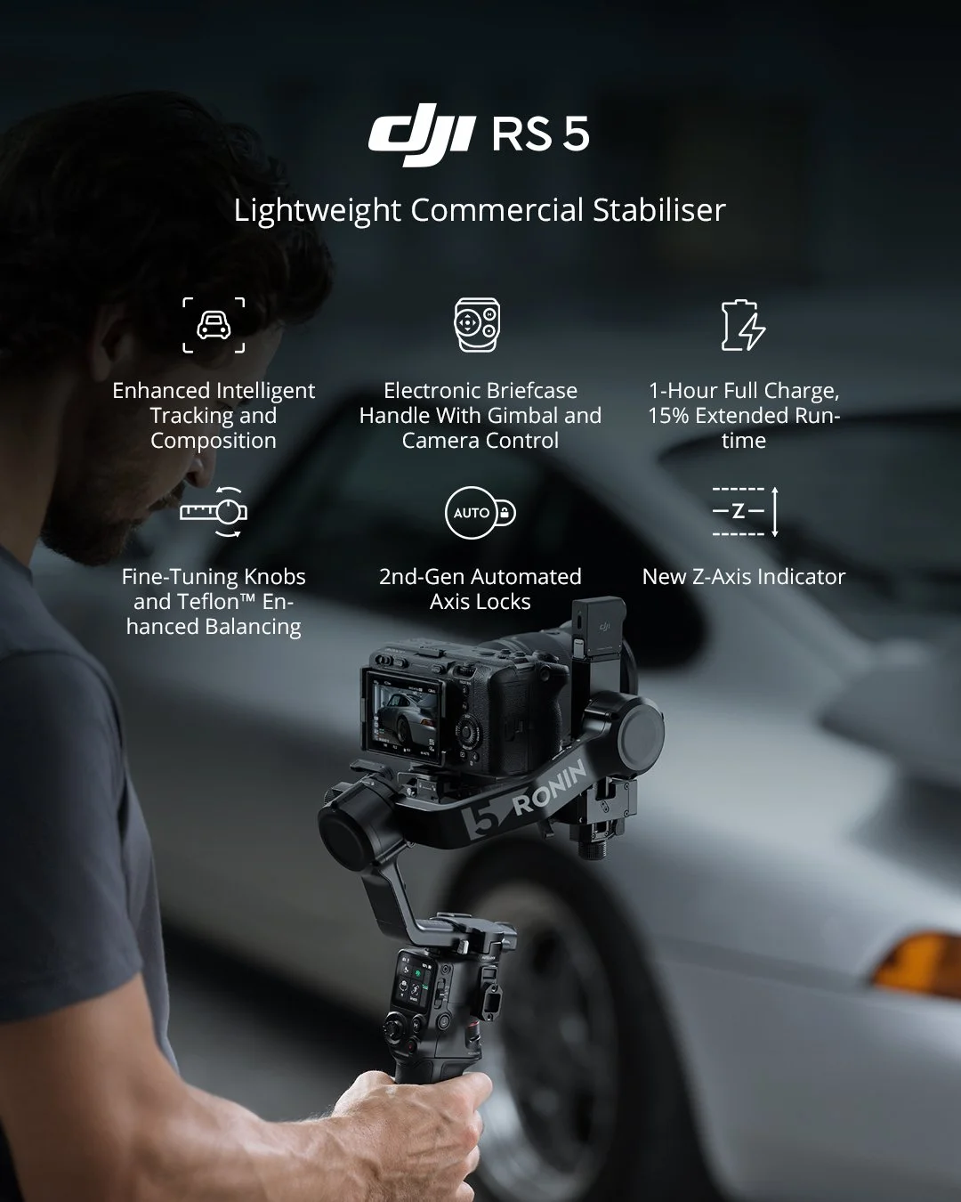Introducing DJI RS 5, a lightweight commercial stabiliser built to lead the scene.

Featuring touchscreen subject selection with the new Enhanced Intelligent Tracking Module, enabling precise tracking of people, vehicles, pets, and custom subjects. A