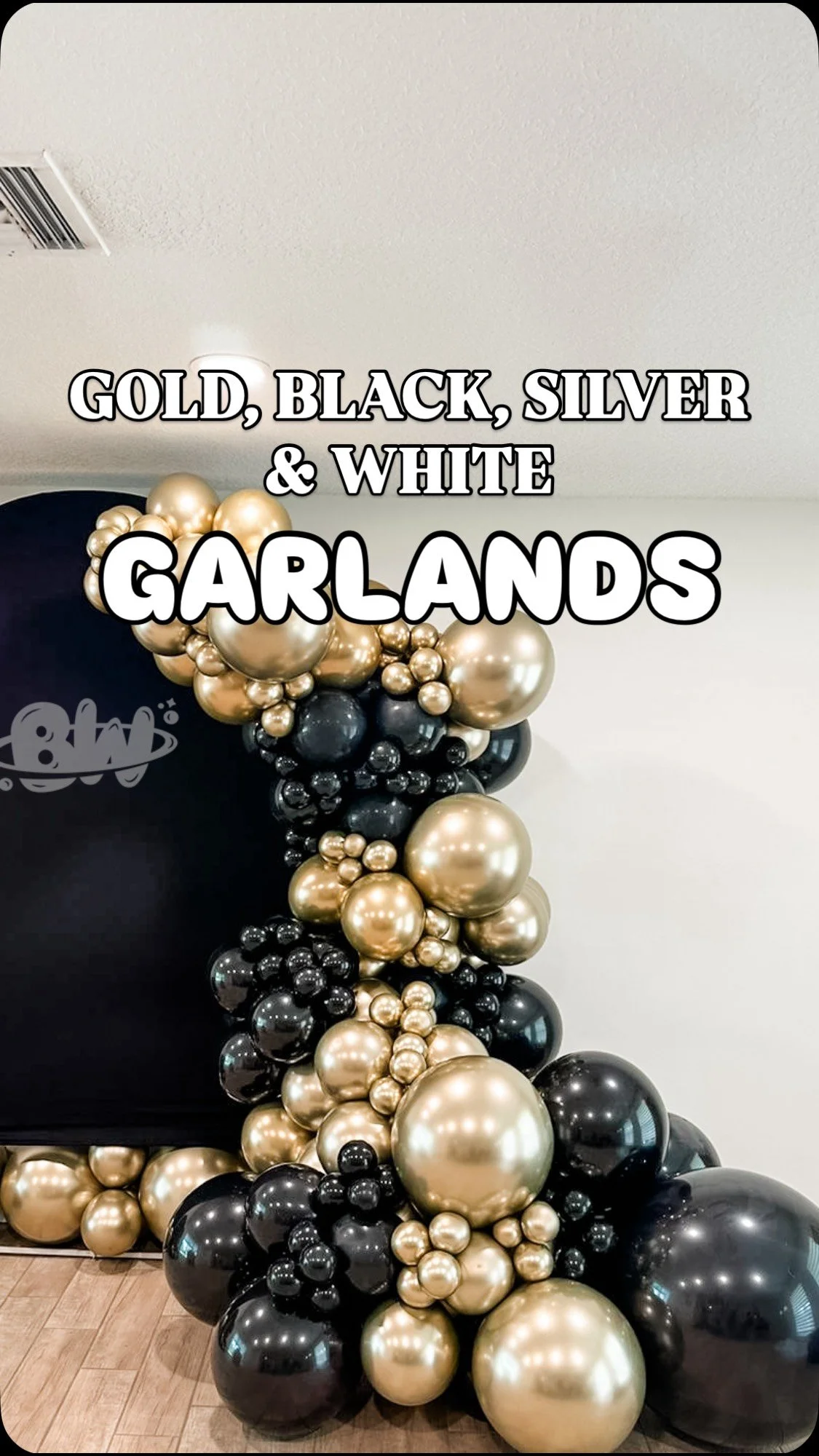 Balloon garlands work for any space and any occasion whether indoor or outdoor. We have done installations in every space You can imagine all over Miami, Broward and Palm Beach counties. Checkout this BLACK, GOLD , SILVER & WHITE theme in the sli