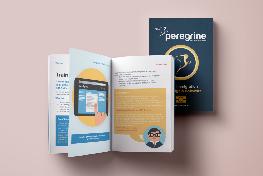 Peregrine are a company specialising in large scale corporate immigration. They help multinational corporations by providing knowledge and software. They came to me to help them with the front end design for a new piece of software, Immigo, as well as to create a number of print and digital assets helping them to refresh their brand and simplify their messaging.