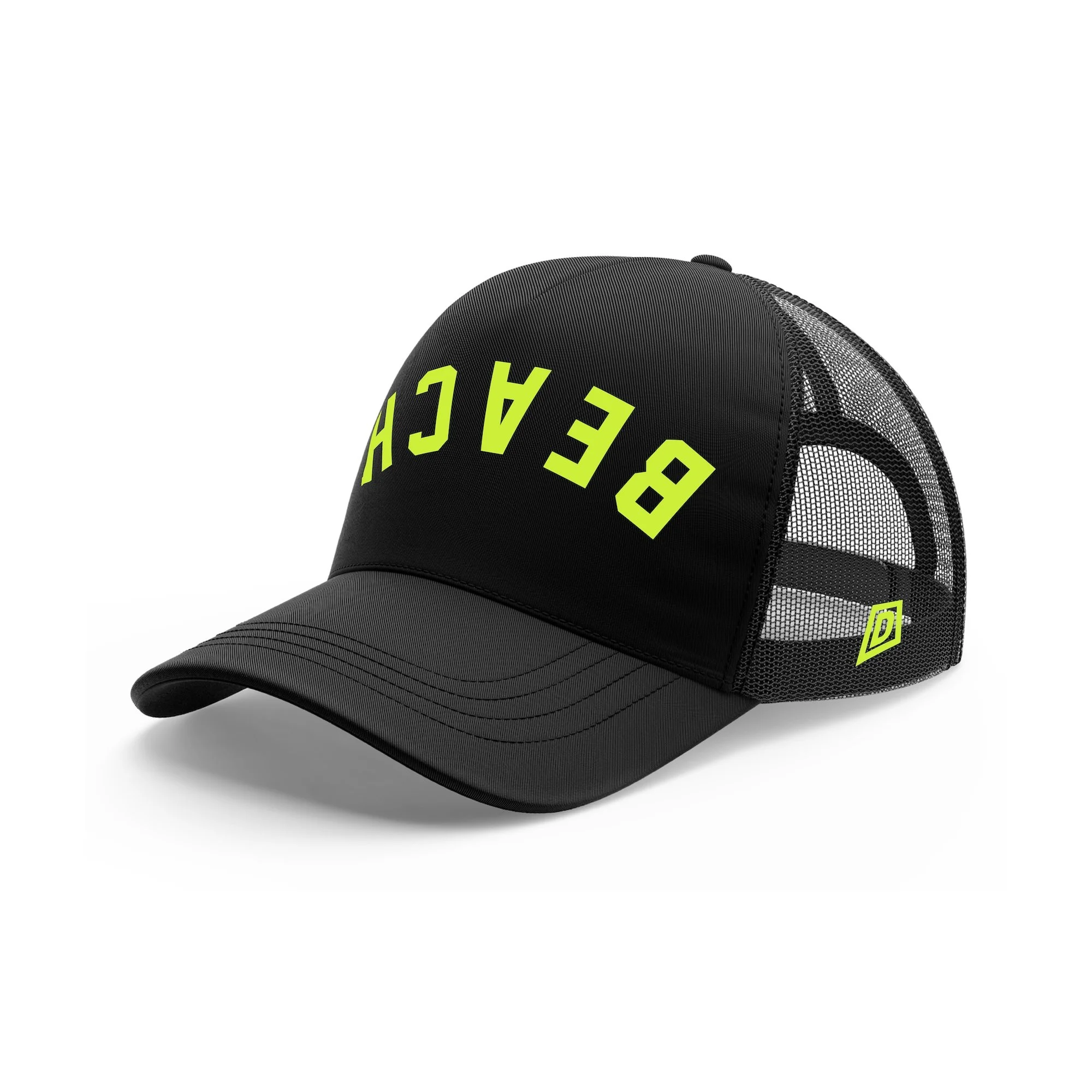 The Beach 5 Panel Mesh Trucker - Black/Neon Green