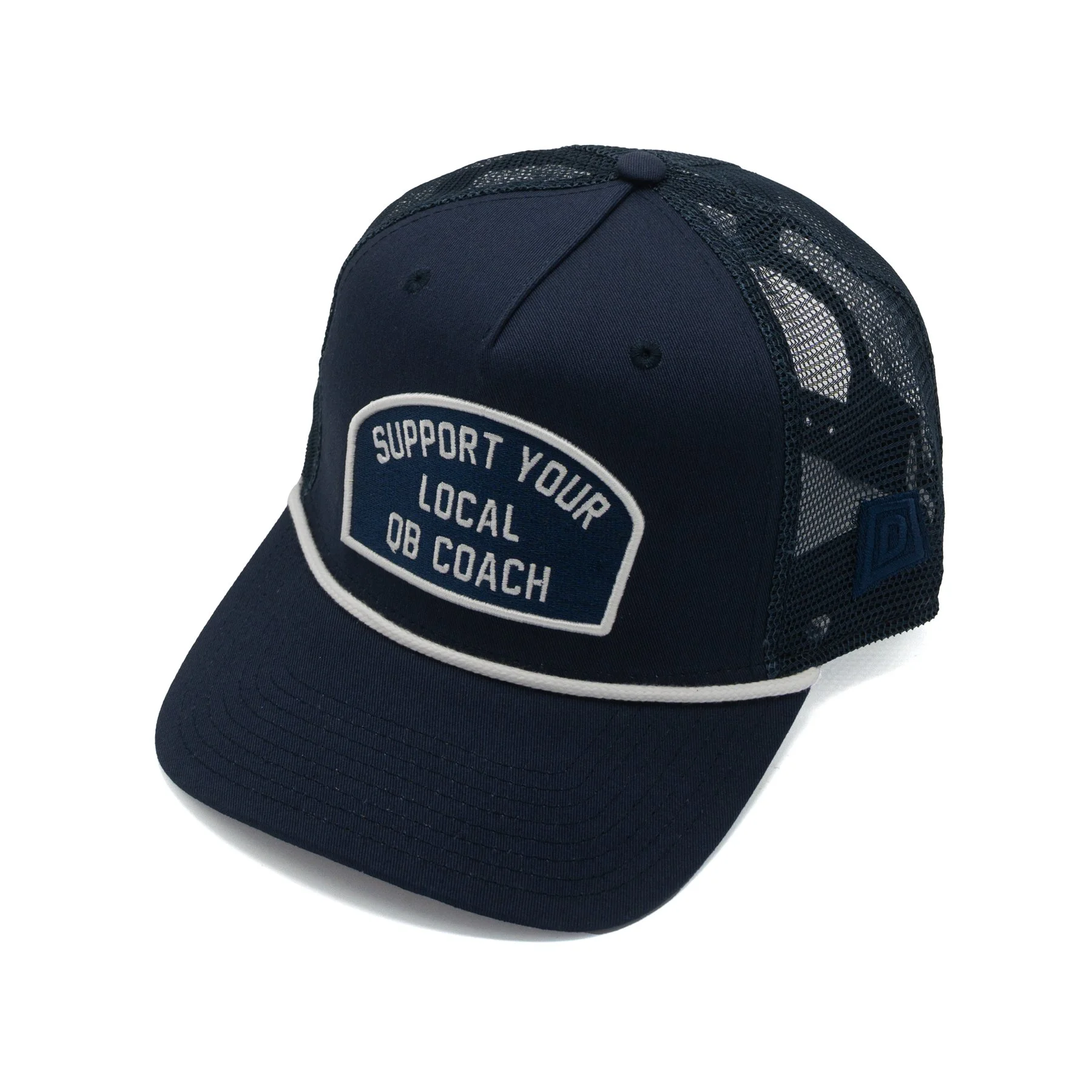 SUPPORT YOUR LOCAL QB COACH - NAVY/WHITE 5 Panel Trucker