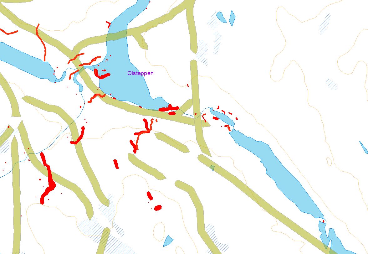 The green lines is the migration routes the moose has been following the last 10000 years. The red areas are remains of hunting systems. Source: Fylkesarkeologene, Oppland Fylkeskommune.
