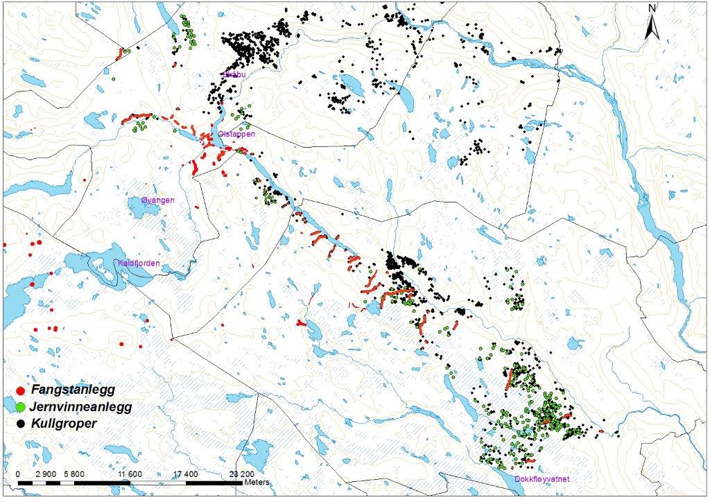 Oversiktskartet viser den store mengden fangstanlegg, jernvinneanlegg og kullgroper som finnes i Elgland. Kilde: Fylkesarkeologene, Oppland Fylkeskommune.
