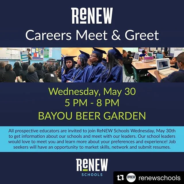 #Repost @renewschools ・・・
WE’RE HIRING! Join us for a ReNEW Careers Meet & Greet at @bayoubeergarden Wednesday, May 30th from 5 PM - 8 PM. Prospective educators will get a chance to meet our school leaders, network and submit resumes. #renewschools #nolaed #nola #nolajobs