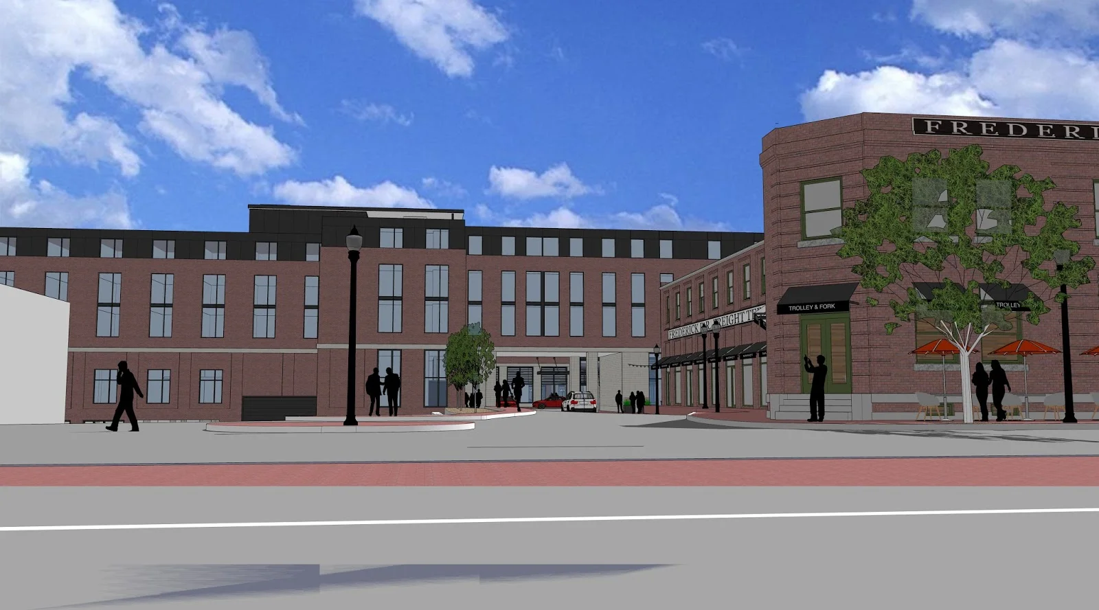 18 PATRICK ST ENTRY - Architectural rendering of a modern multi-story building with brick and glass facade, featuring a central courtyard with a fountain and surrounding pedestrian walkways with trees and streetlights..jpg