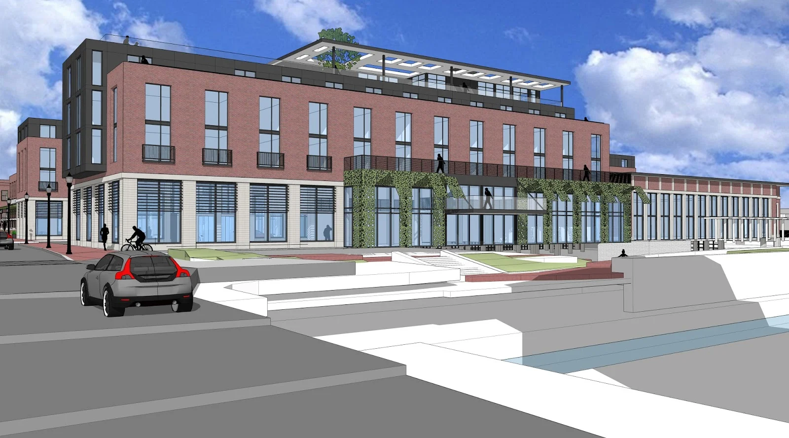 12 CREEK VIEW - Architectural rendering of a modern multi-story building with brick and glass facade, featuring a central courtyard with a fountain and surrounding pedestrian walkways with trees and streetlights..jpg