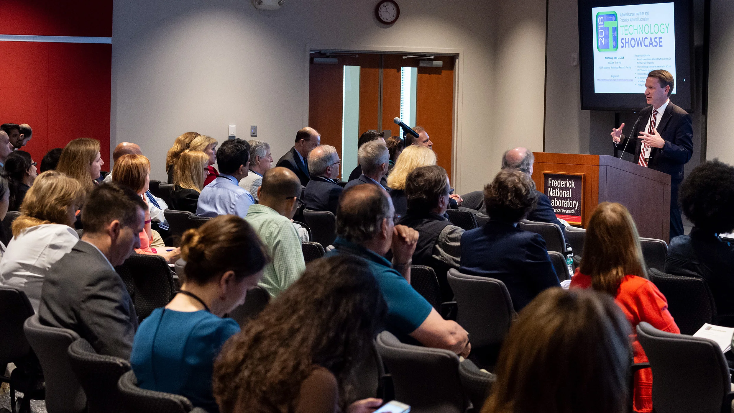 NCI Director Ned Sharpless addresses Technology Showcase 2018, Frederick MD. Photo courtesy Frederick National Laboratory for Cancer Research. Richard Frederickson, photographer.