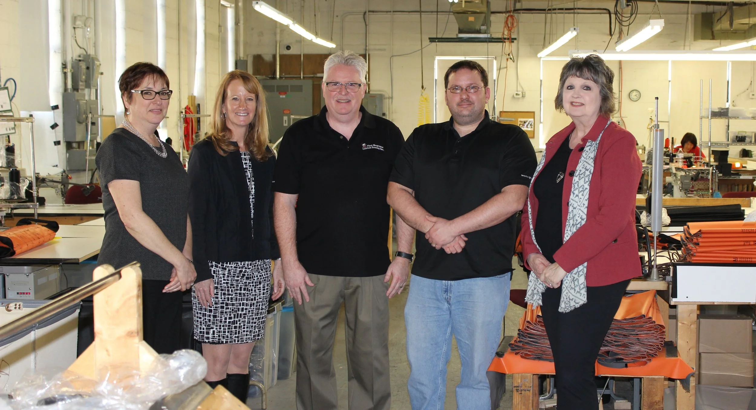 Tamar, Jodie Bollinger with Frederick County Office of Economic Development, Joe Bleach and Lou DiStefano with First Response Sewing, Mary Ford-Naill with City Department of Economic Development