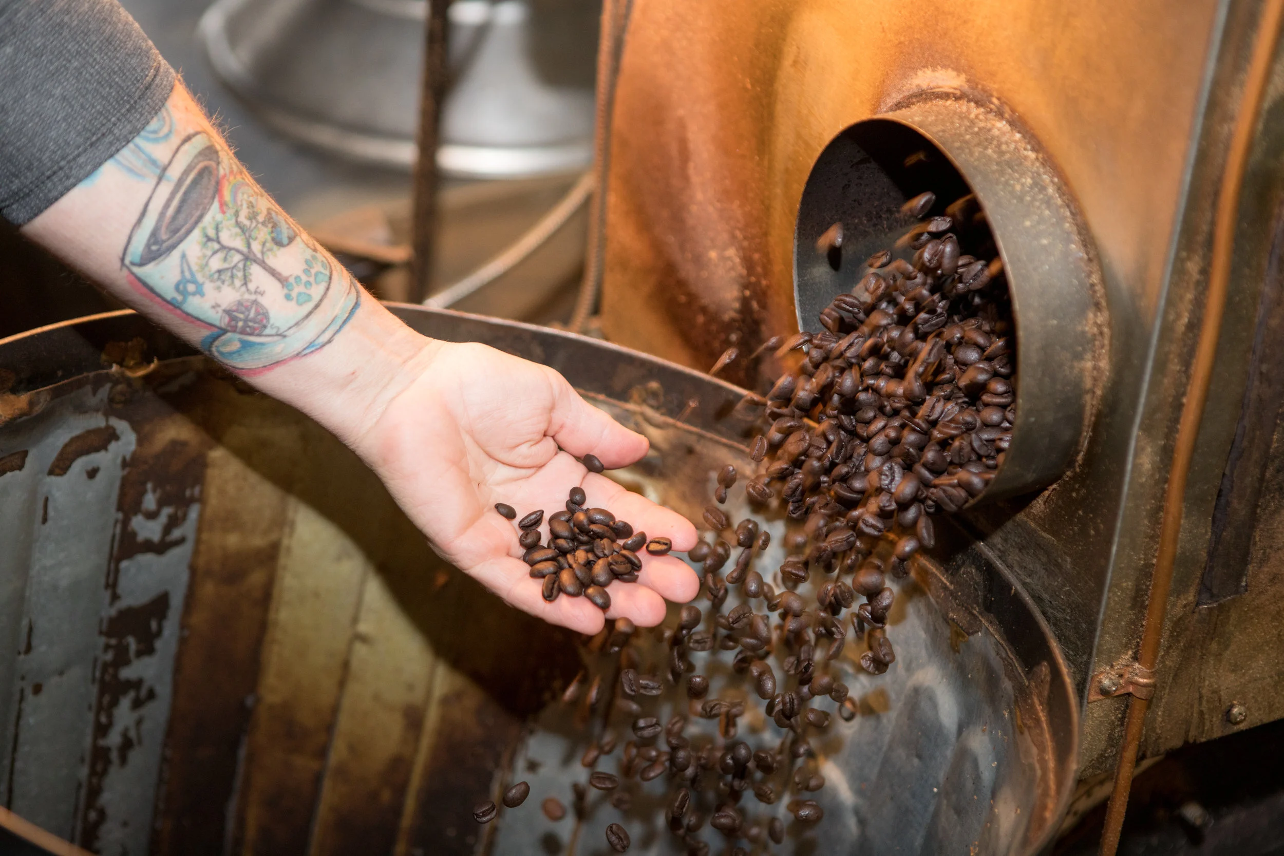 Serina Roy holds a handful of freshly roasted coffee beans. In her travels to collect beans from around the world, she hopes to connect more with the farmers.