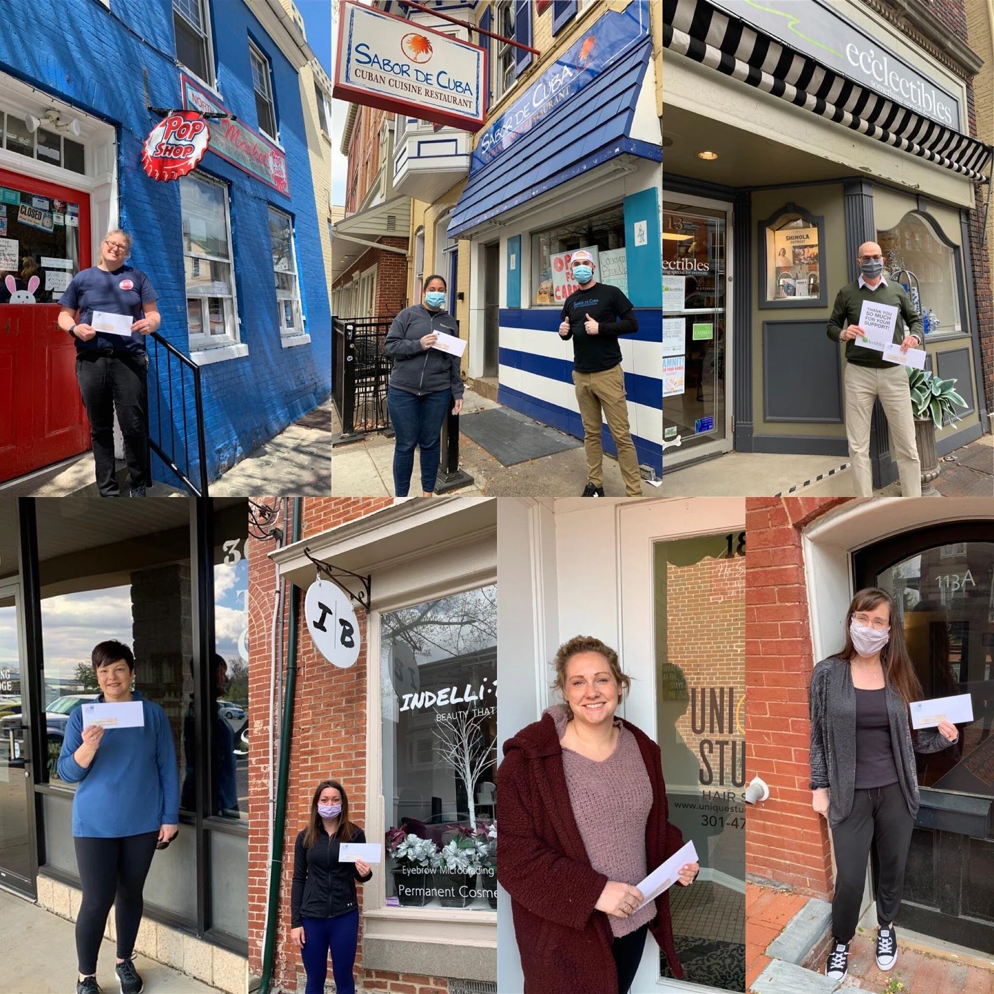 Collage of storefronts with people holding certificates or checks outside their businesses.