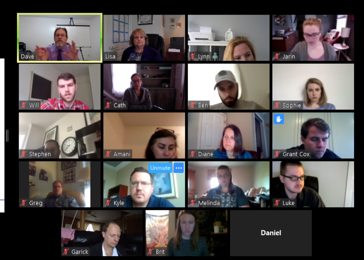 Techfrederick Virtual Meeting - A grid of video conference participants in a virtual meeting, with one speaker in the top left giving a presentation to the other attendees.