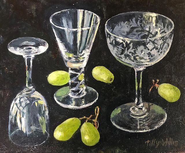 Grapes and Glasses
Selling this as part of #artistsupportpledge - special price &pound;200 +p&amp;p
Oil on board 25x30cms framed
Message if interested