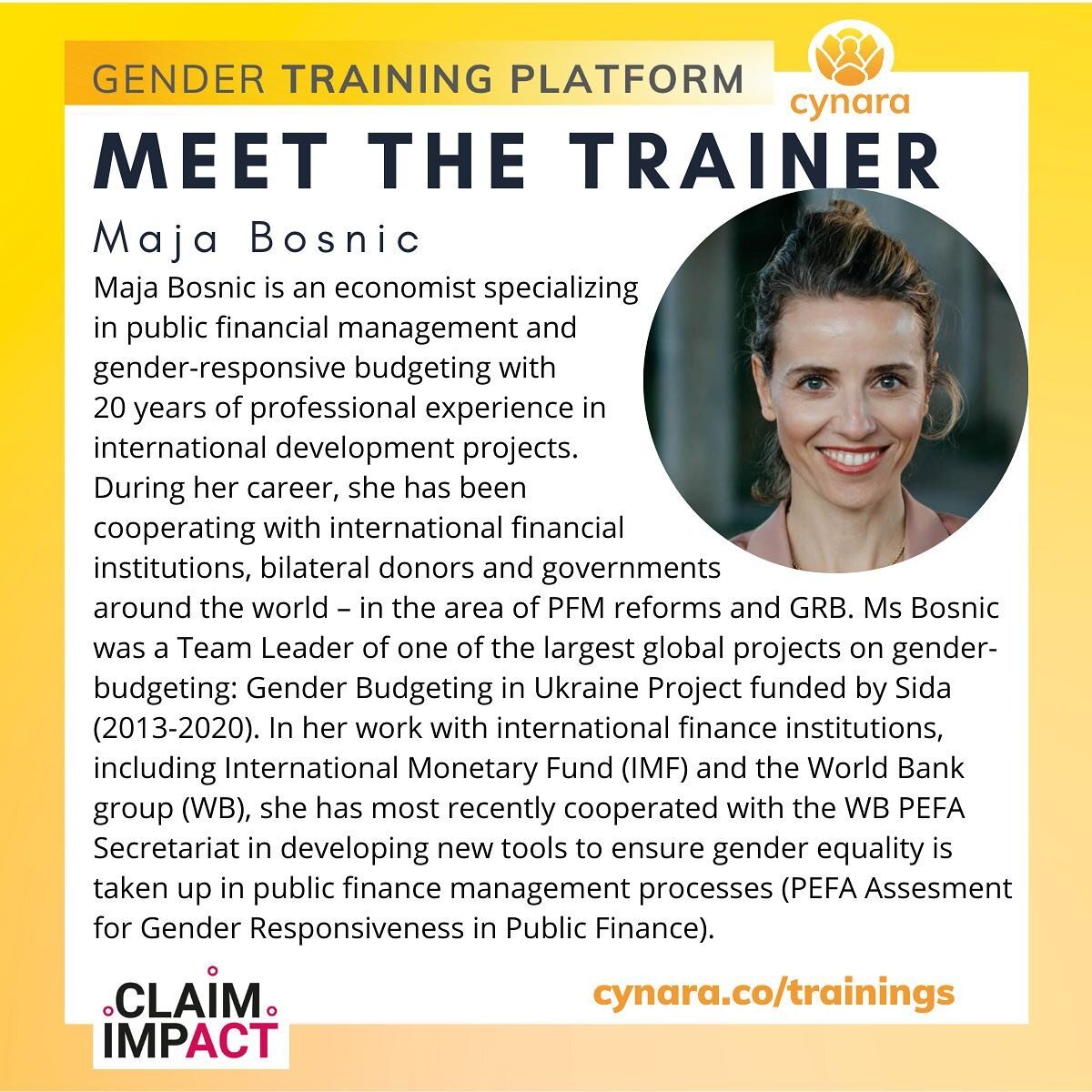 Meet the Trainer for our upcoming training: Gender Responsive Budgeting: A Participatory feminist introduction, happening this February 2024. 

Maja Bosnic is an economist, specialized in public financial management and gender-responsive budgeting wi