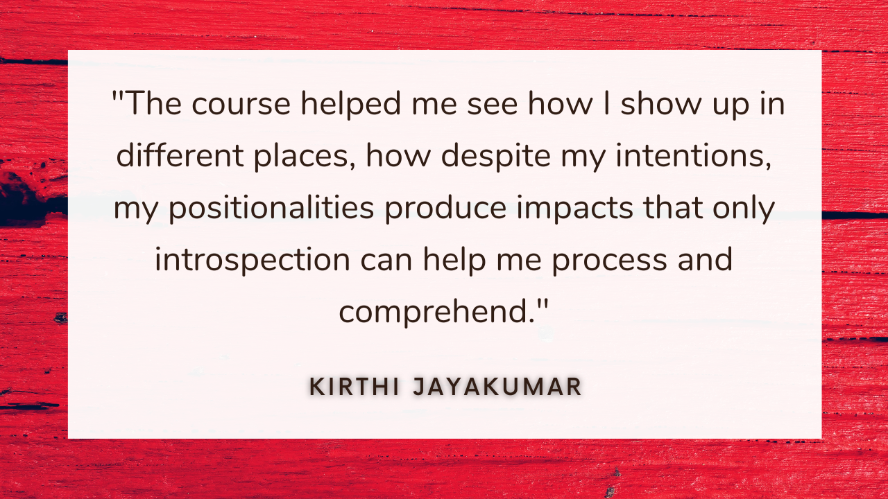 Testimonial by Kirthi Jayakumar about "Decolonizing Development" 