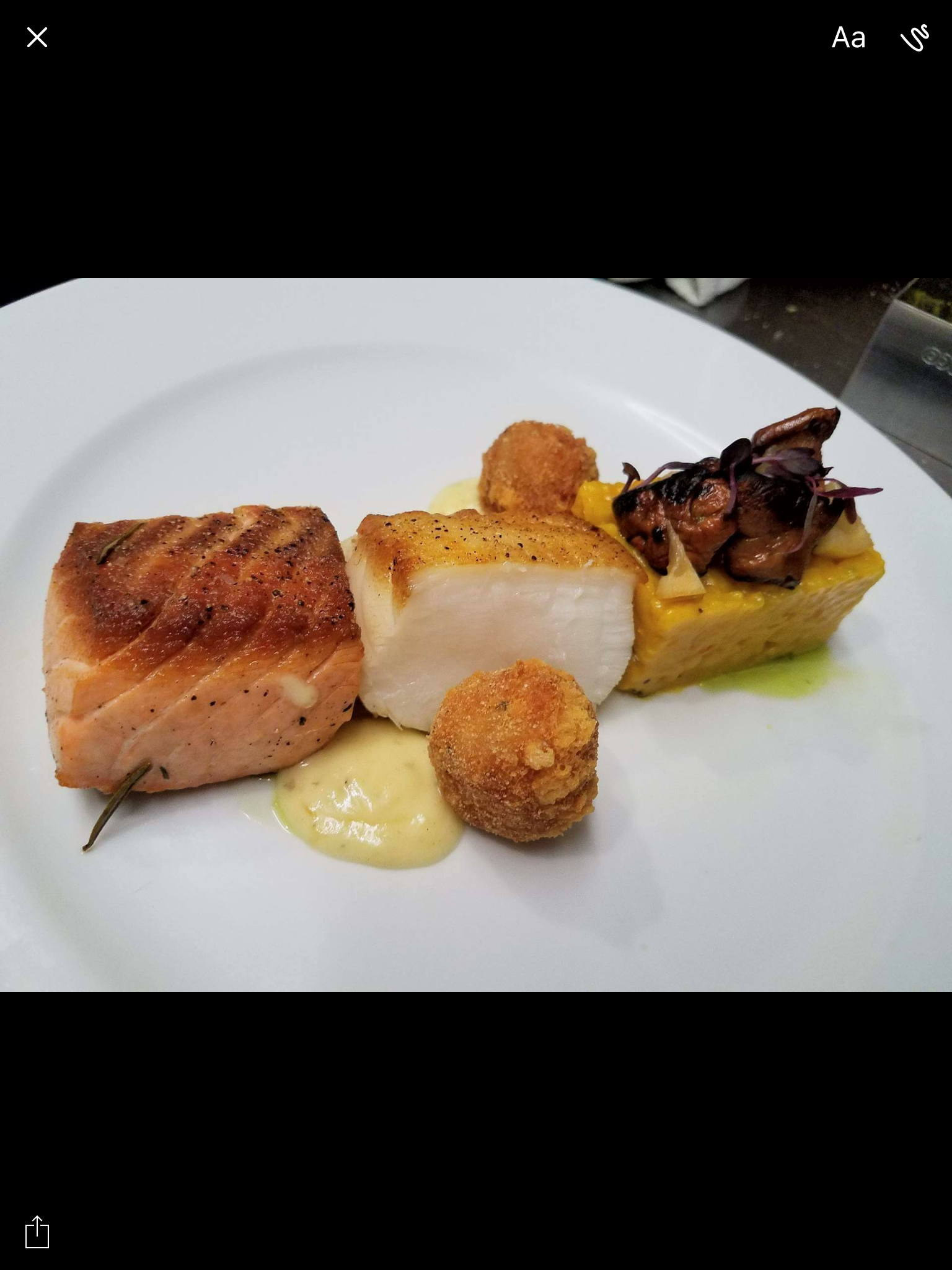 Salmon & Chilean Sea Bass, Risotto/Risotto Balls, Grilled Chanterelles, Pickled Lemon and Almost Burt Cream Sauce