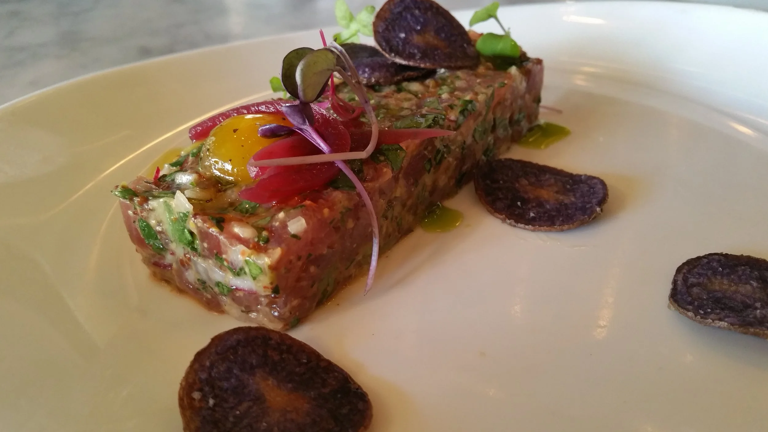 Tuna Tartare With Classic Flavors, Smoked Quail Egg