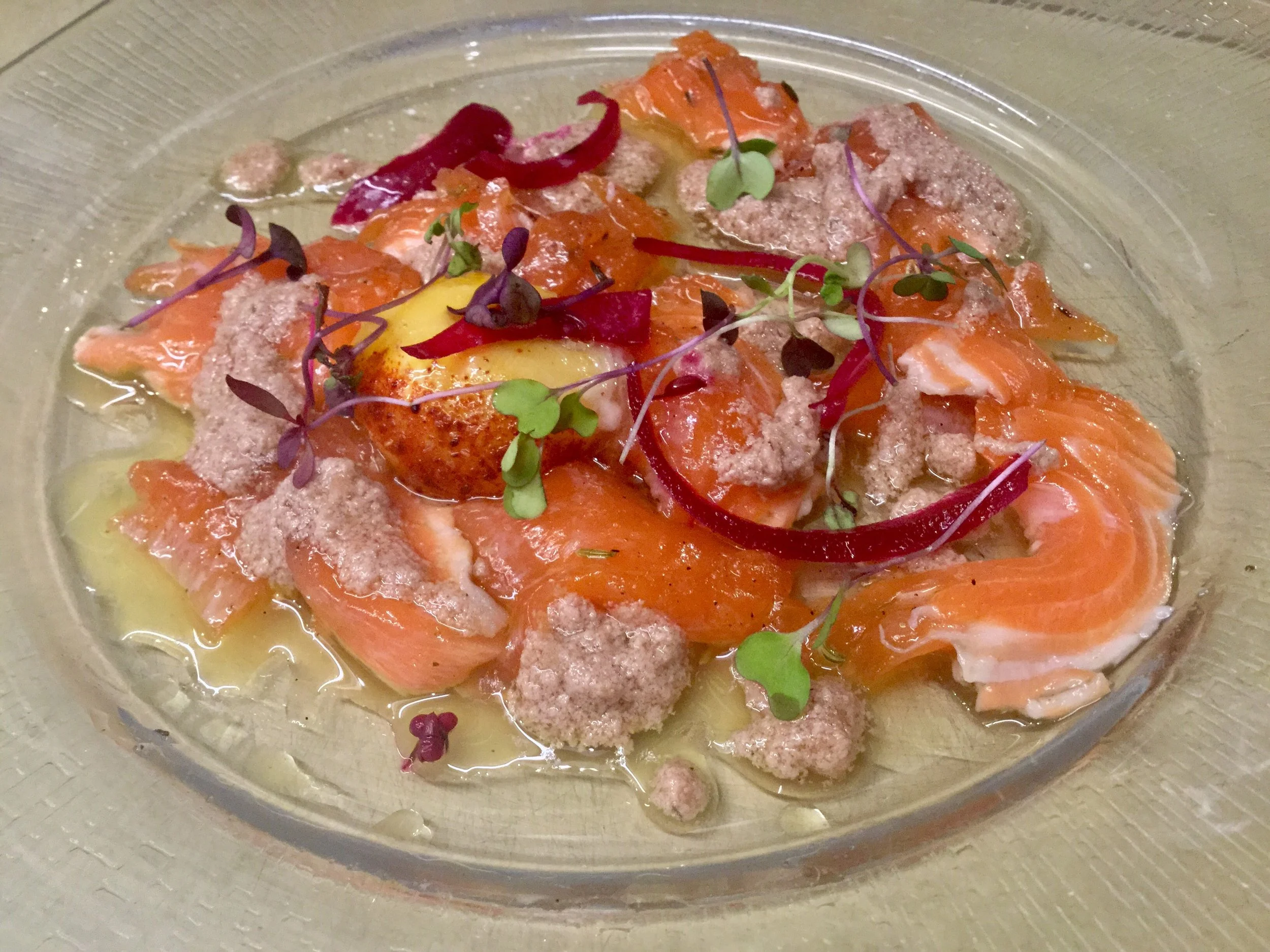 Poached Artic Char Poached w/Vanilla Bean & Spices, Tonnatto, Smoked Egg Yolk