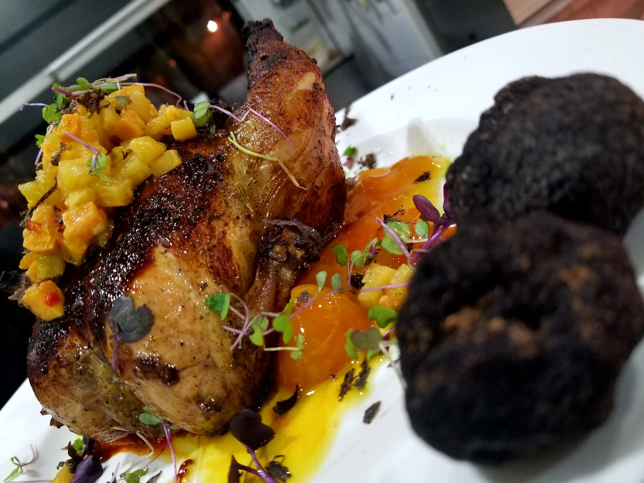 Cornish Hen, Stuffed w/Sweet Potato, Chicken Liver, Orange Segments, Yukon Gold Potato, Kumquat Jam & Shaved Truffles...Destroy!