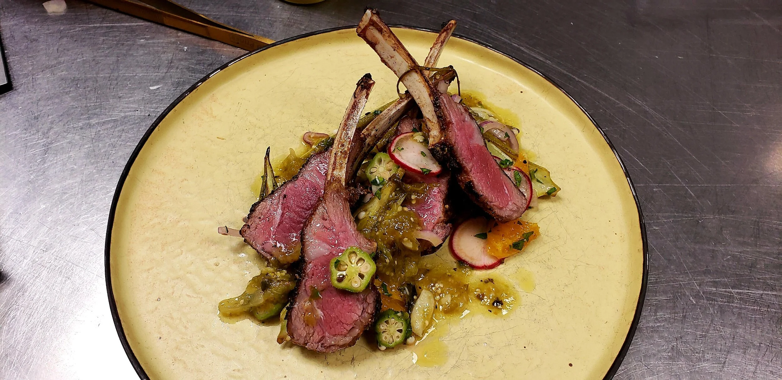 Lamb, Pickled/Roasted Okra, Green Tomatillo