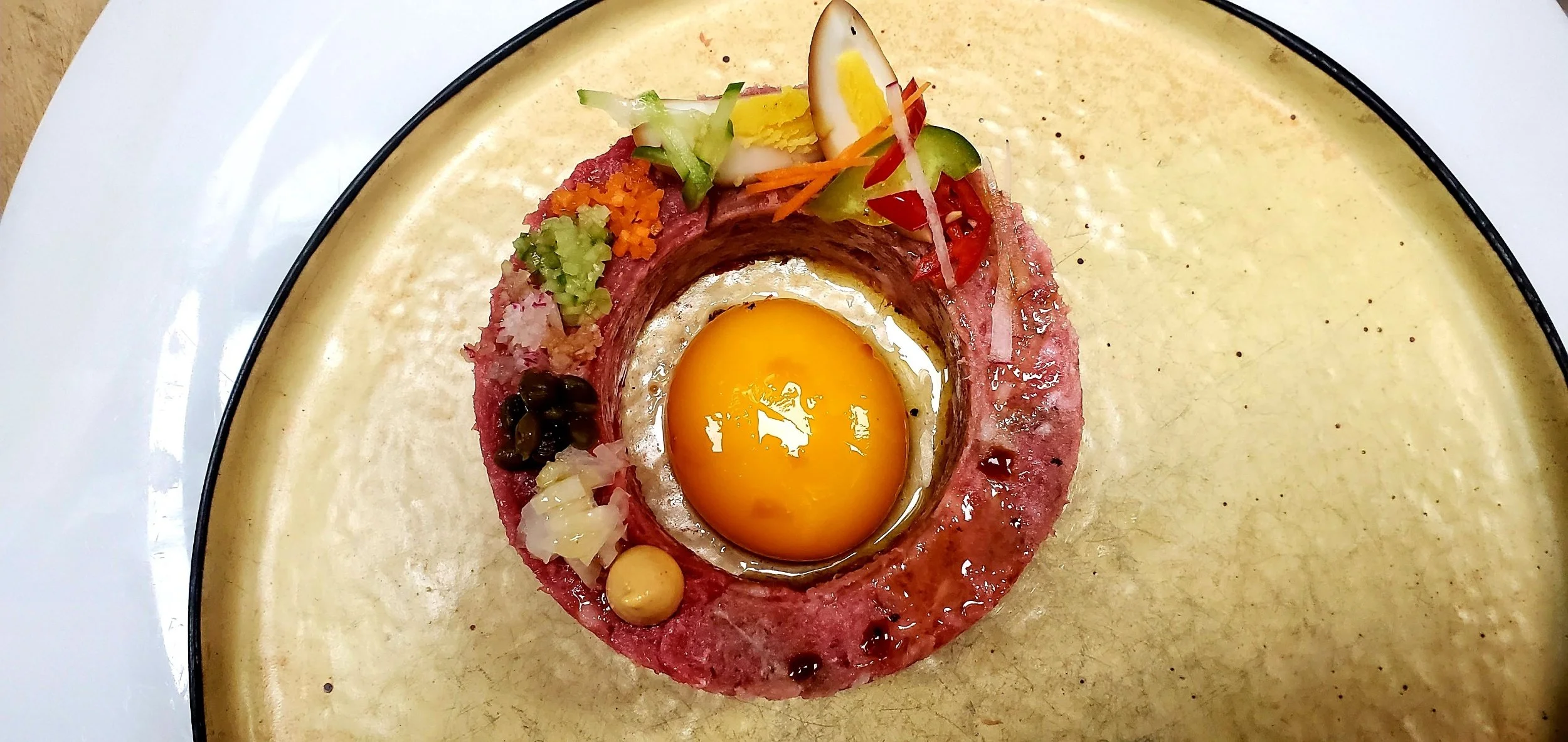 Veal Beef Tartare, Smoked Duck Egg Yolk, Classic Toppings