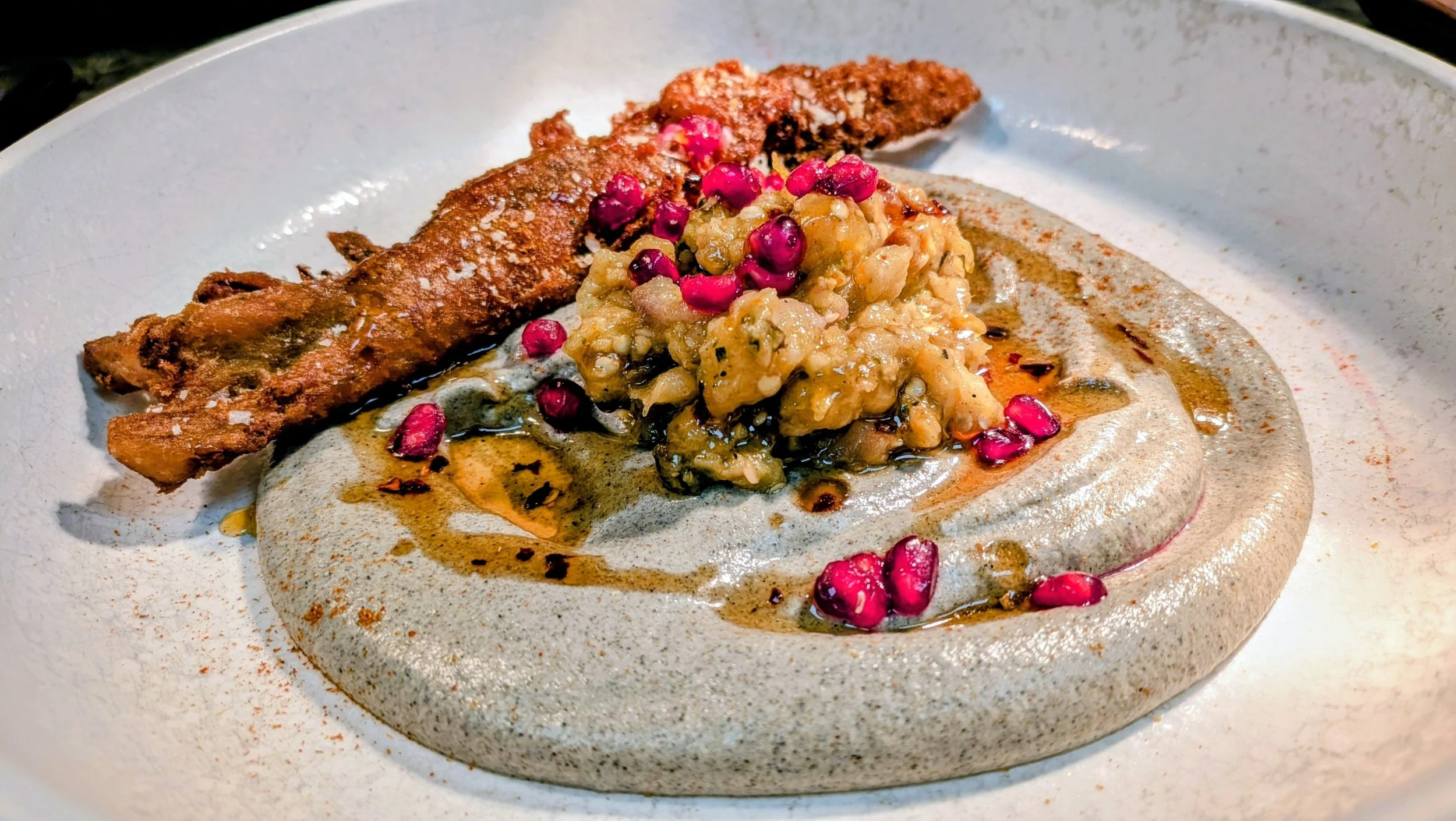 Eggplant 3 Ways, Burnt, Orange Chutney, Tempura 