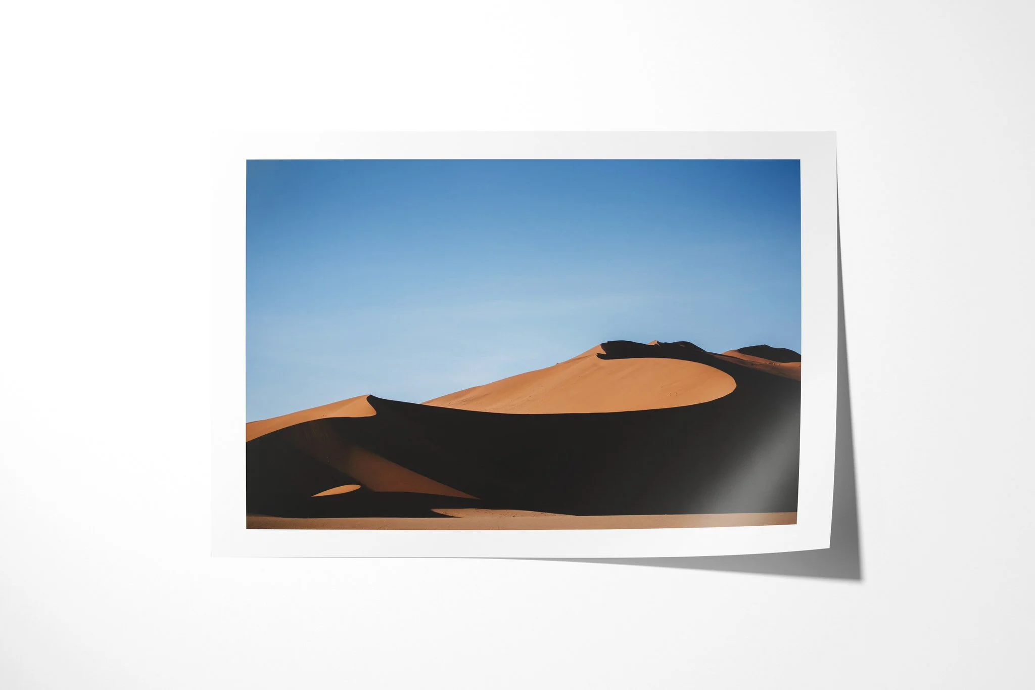 Fine art paper print of Surpent, showing sunlit orange desert dunes divided by deep sinuous shadows beneath a clear blue sky.