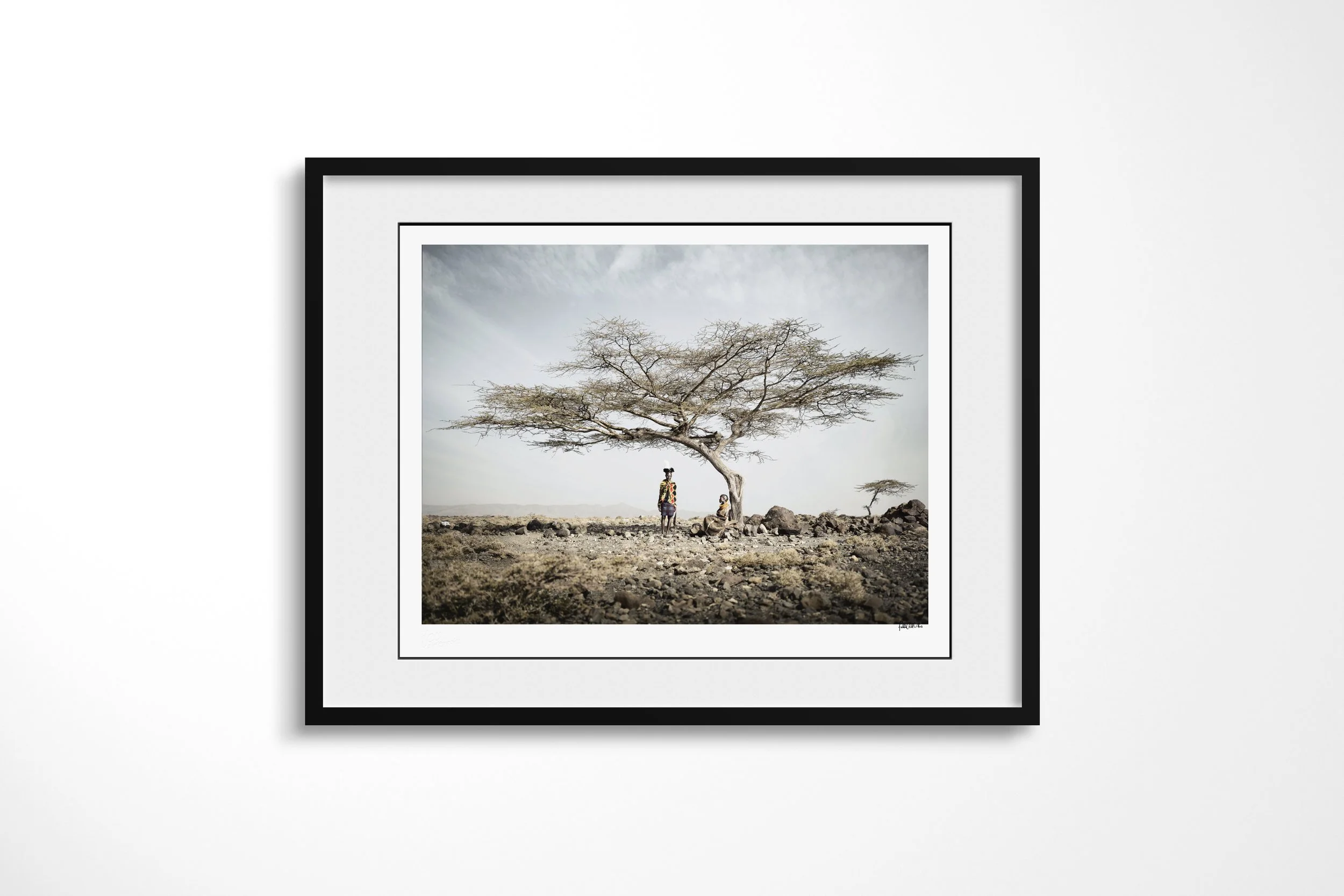 Framed presentation of Ayapan & Lotilan in a black frame and white mount, showing Ayapan and Lotilan standing beneath a broad acacia in a stony Turkana landscape.