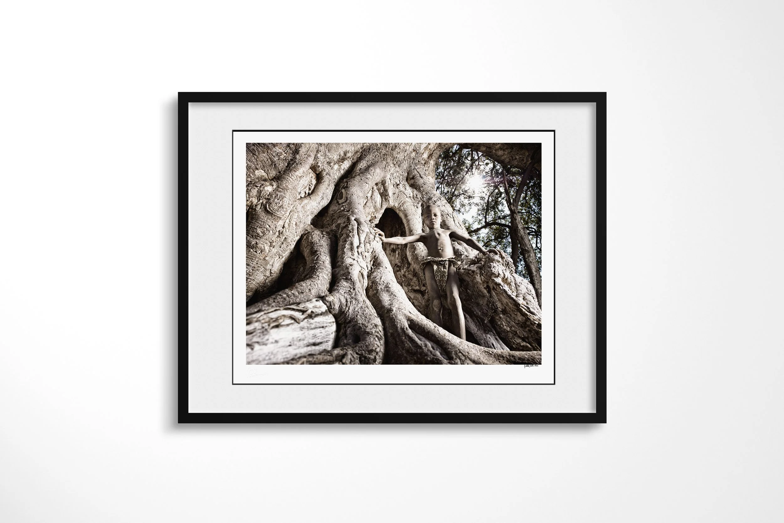 Framed presentation of Kakoke in a black frame and white mount, showing Kakoke standing inside the folded roots and hollow trunk of an immense fig tree.