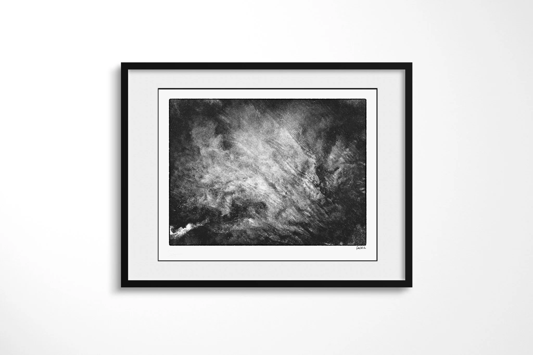 Manganese I presented in a black frame and wide white mount, showing a pale diagonal sweep of layered streaks across a dark, clouded granular field.