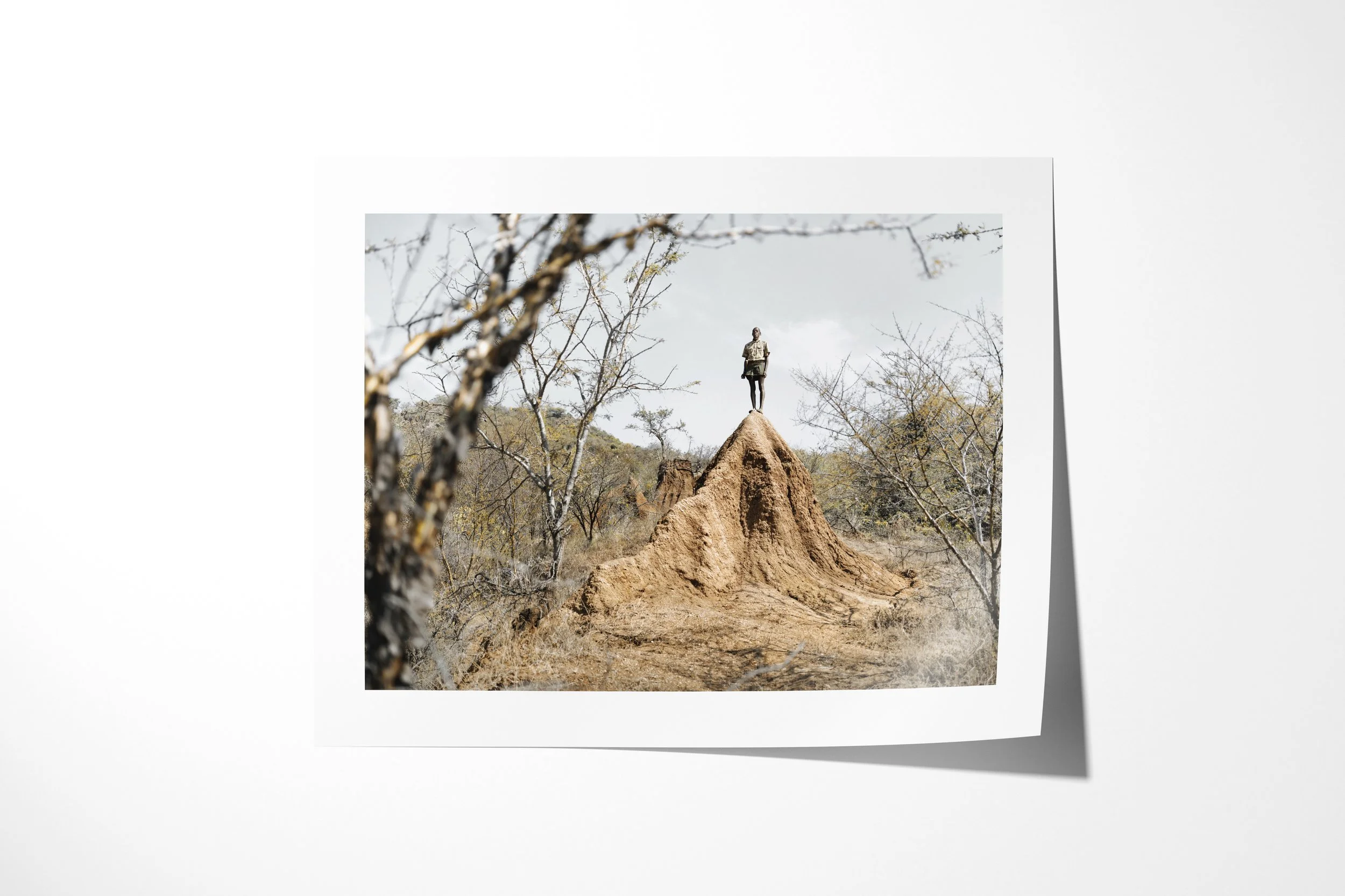 Fine art paper print of Dheta, showing a Banna figure standing on the peak of a large termite mound in dry woodland.