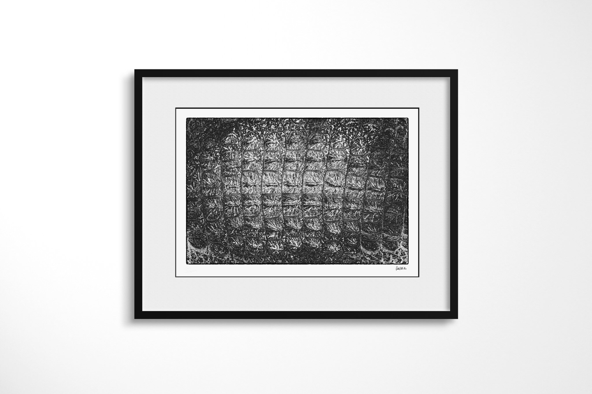 Thick Skinned presented in a black frame and wide white mount, showing a grid of compressed translucent containers with crumpled, reflective surfaces.