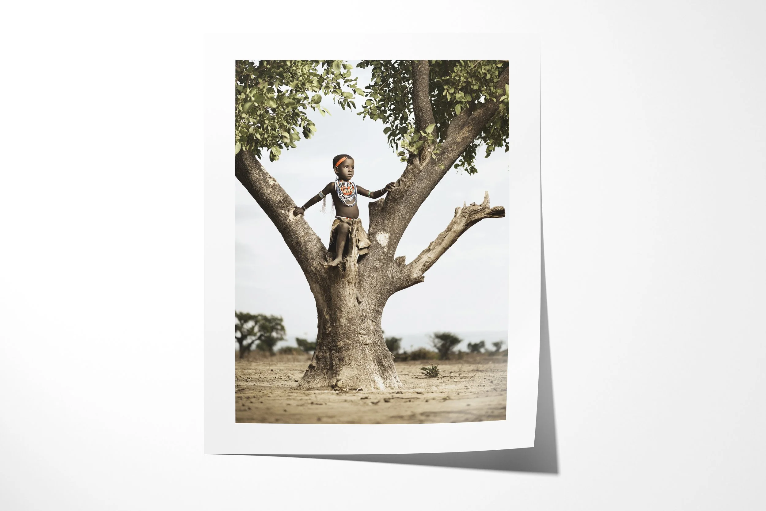 Fine art paper print of Kenina, showing a young Arbore girl standing in the fork of a large tree above dry ground.