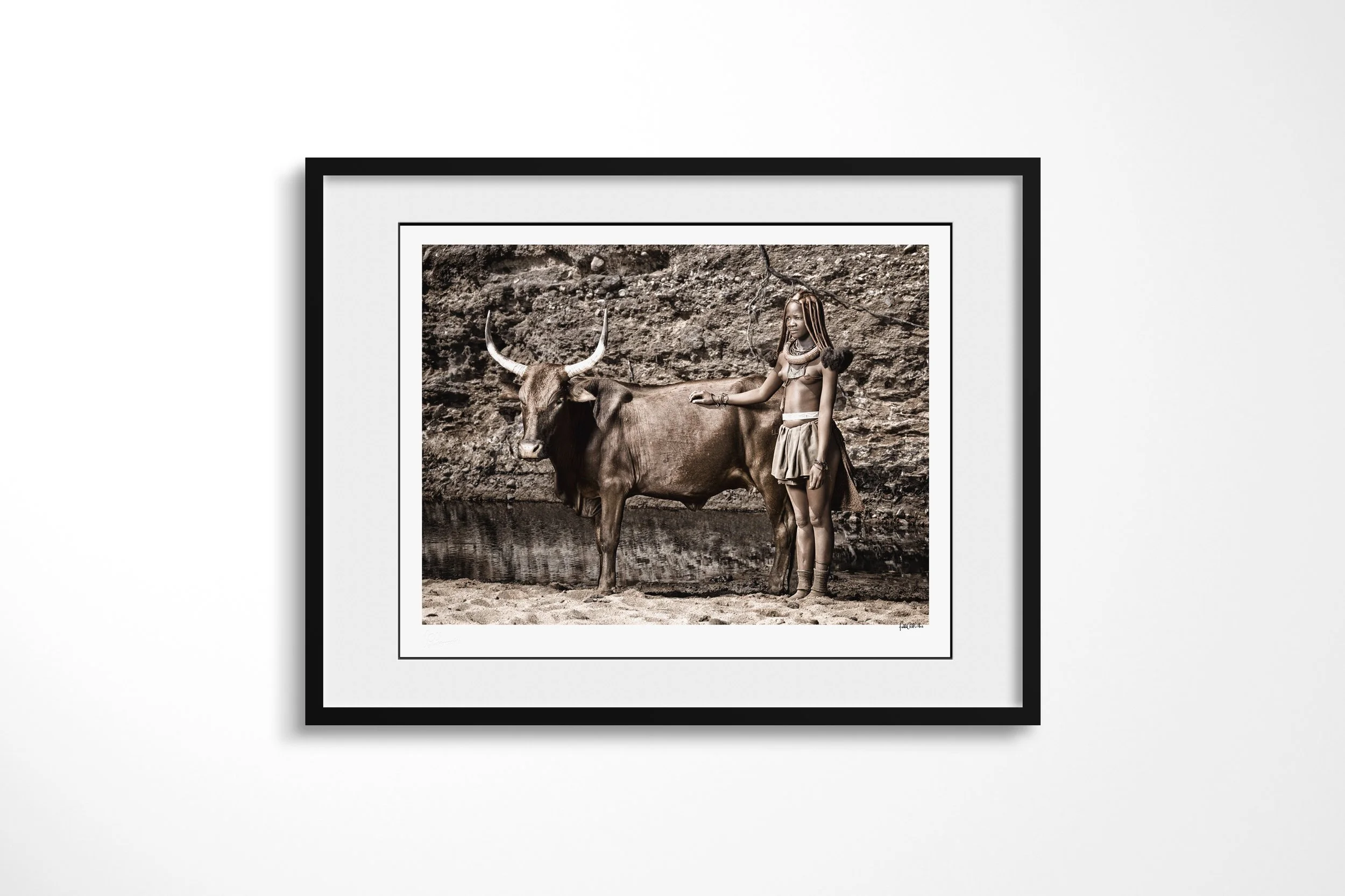 Framed presentation of MBunengo in a black frame and white mount, showing MBunengo standing beside a Nguni bull at a watering hole.