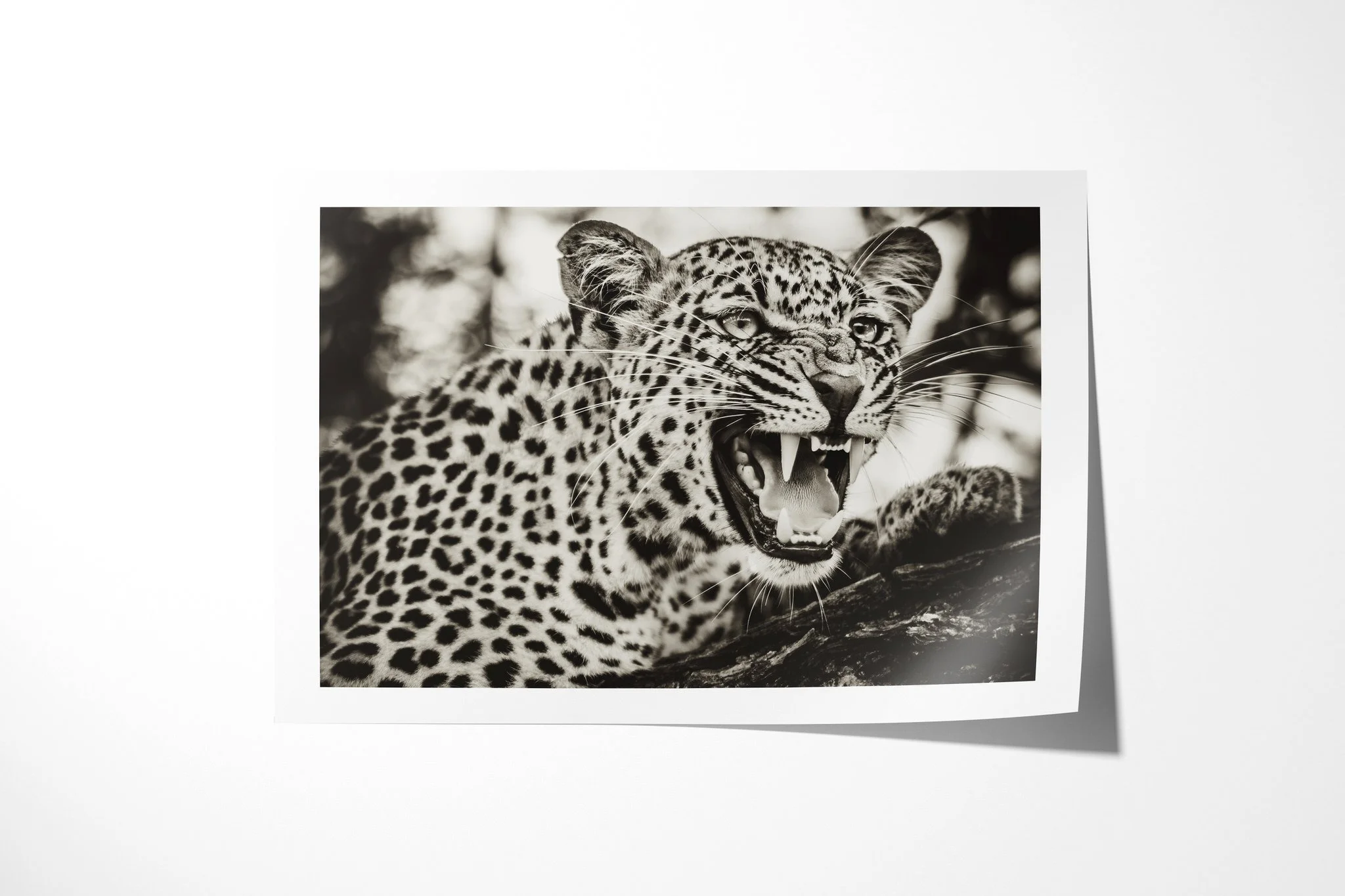 Fine art paper print of The Snarl, showing close leopard portrait with mouth open, upper lip raised and canines visible.