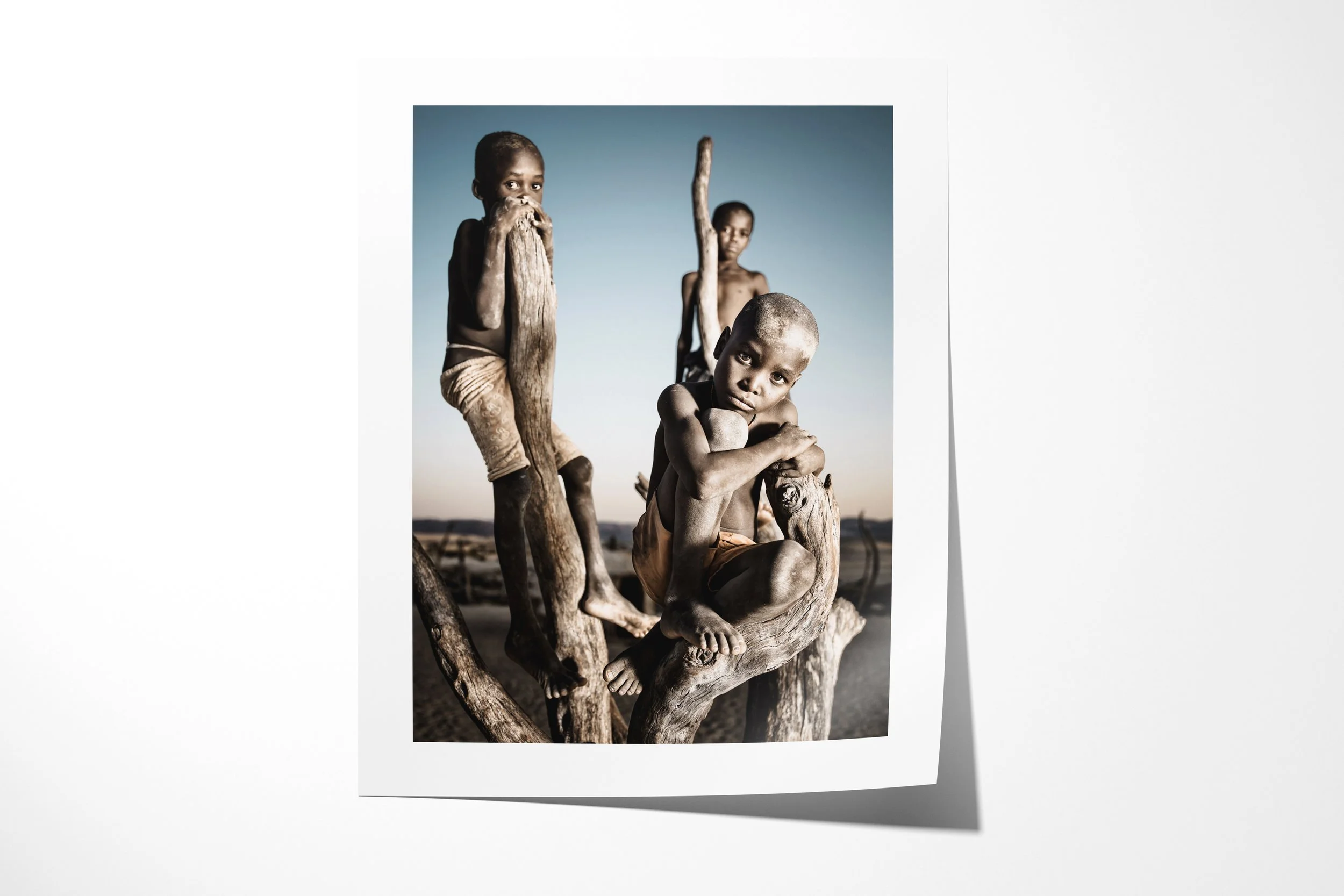 Fine art paper print of Turimuje and friends, showing three Himba boys gathered closely on the branches of a leafless tree.