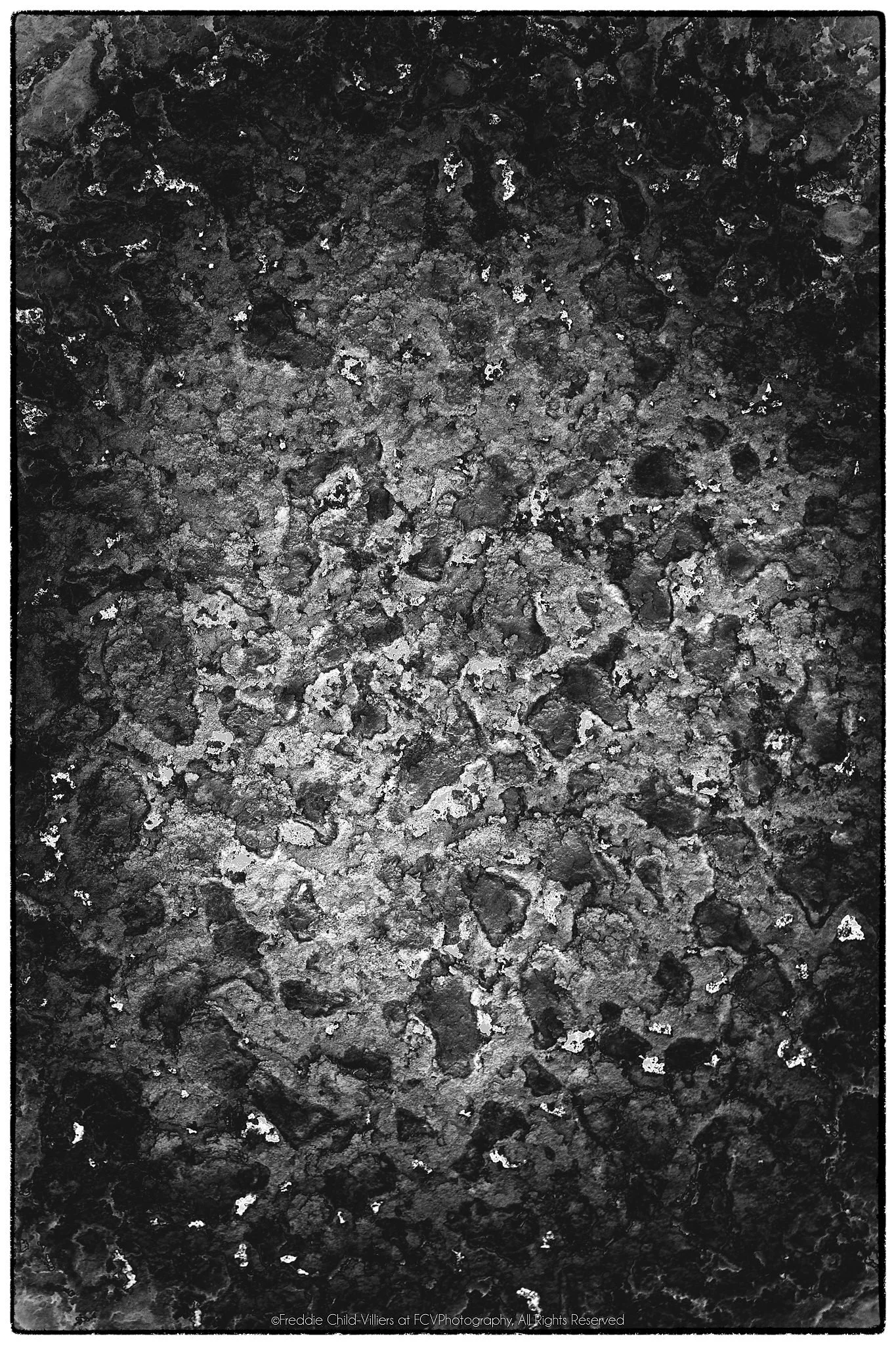 Mottled monochrome surface with irregular pale encrusted patches, pits and dark weathered texture.