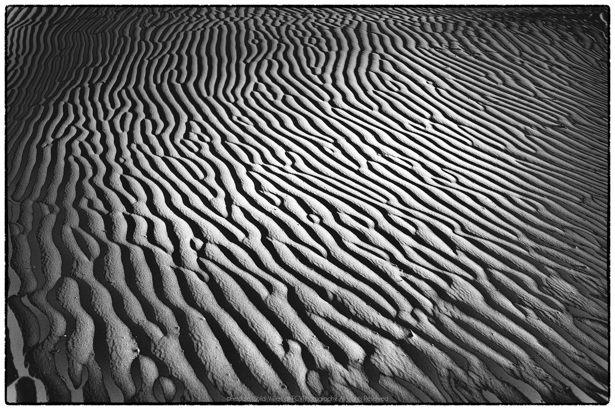 Closely spaced sand ripples sweeping diagonally through alternating bands of light and shadow.