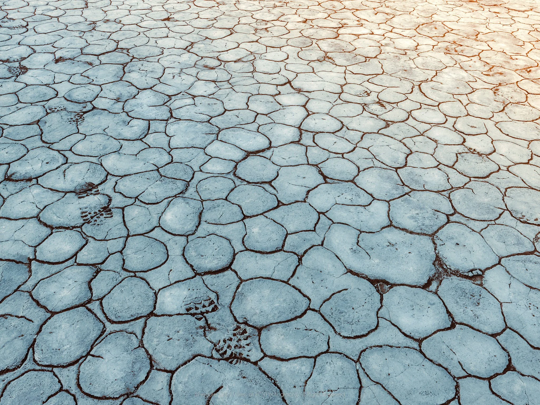 Trail of shoeprints crossing pale blue-grey cracked earth, with warm light entering from the upper right.