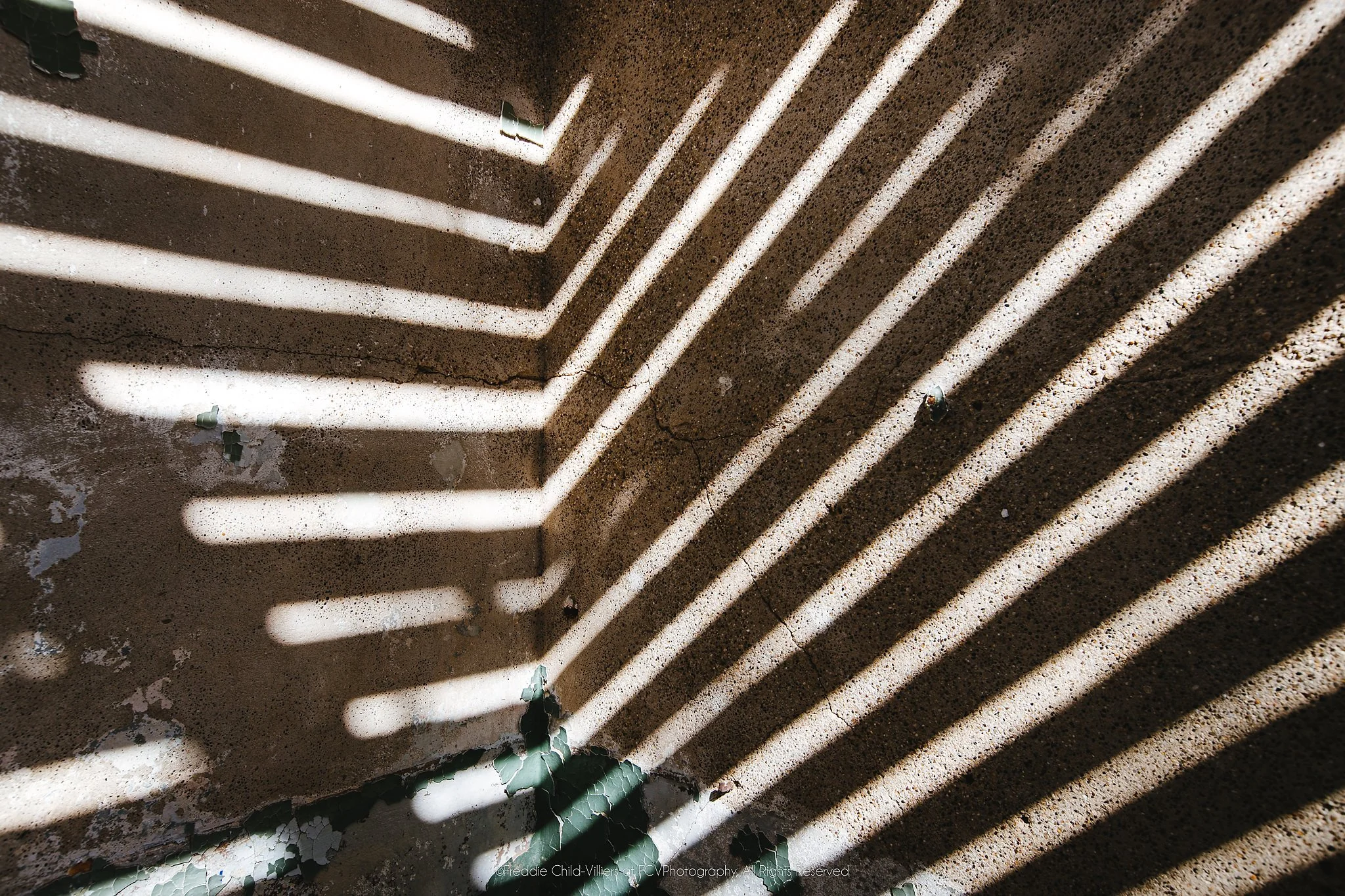 Diagonal bands of sunlight and shadow crossing a damaged interior, with cracked surfaces and a small green plant below.
